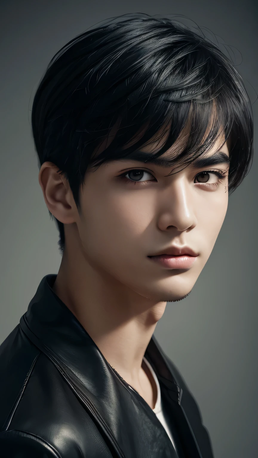 There is a young man, with Black Hair, look to the side, With a gloomy atmosphere, masterpiece, Highest quality, Realistic, 1 person, Male Focus, good looking, [Thick eyebrows], Portraiture, Highly detailed face, Black Hair, (short hair)