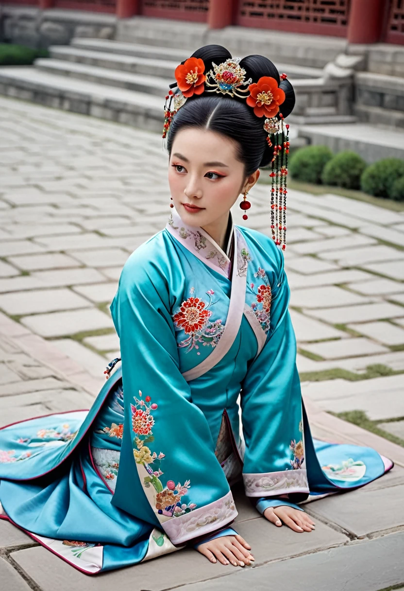 Empress Ingres, seen from directly below in the Qing dynasty of China, is on all fours with her hands and feet on the ground. The background is the stone paving outside a Chinese palace in the Qing dynasty. A Manchu with a flashy red floral pattern is on all fours with her hands on the ground, her large buttocks sticking out, her thighs exposed, her underwear on but not on, her hair with pompadours on both sides and a gorgeous flower-decorated hair ornament, her hair tied up and pulled up.、She is wearing a Chinese-style crown worn by an empress of the Qing dynasty. Her buttocks are sticking out and floating up. Her hair is decorated with a large, flashy flower. The back of the hair is tied up and up.