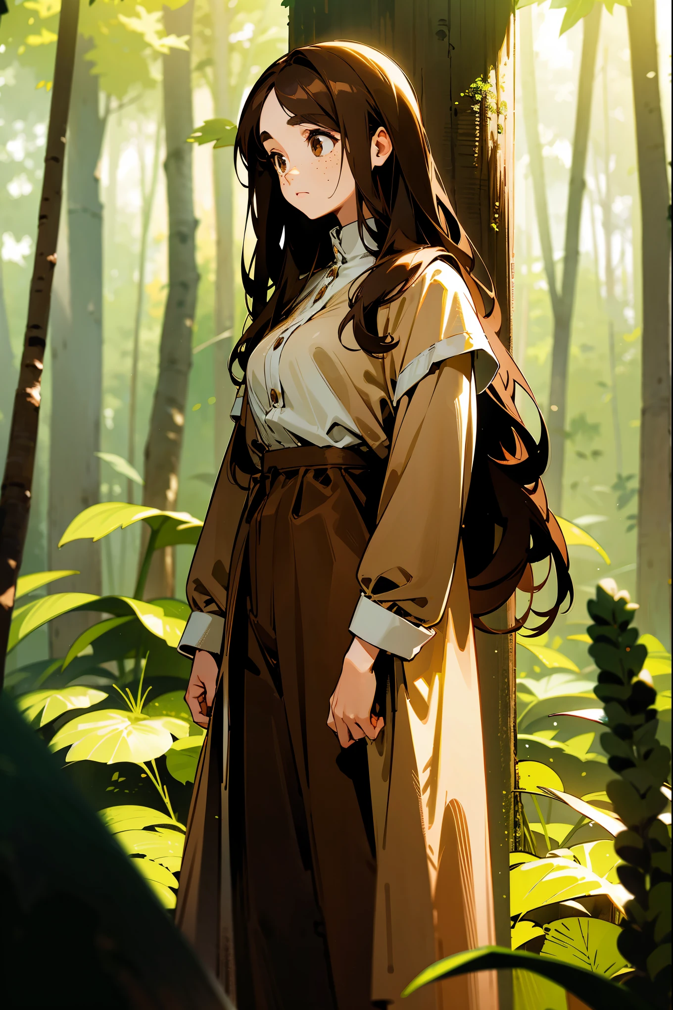 1female, long brown hair, brown eyes, freckles, brown clothes, standing in a forest, surrounded by tall trees and sunlight filtering through leaves