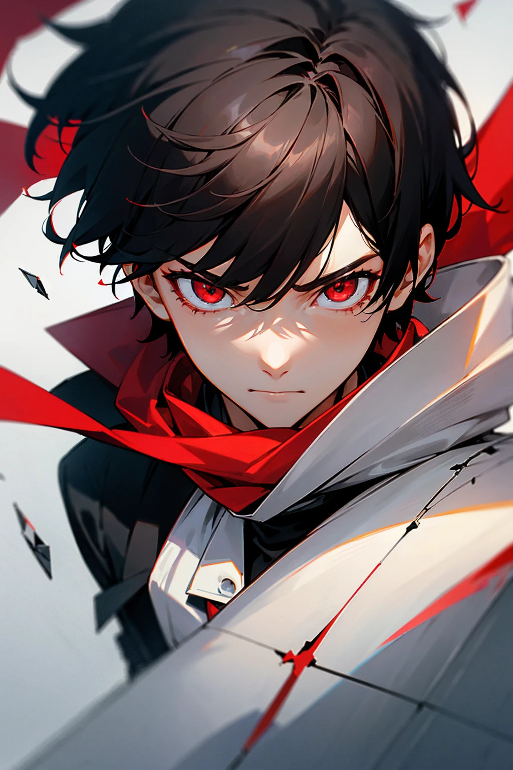 1male, short black hair, red eyes, wearing a white jacket, red ribbon as a scarf, serious expression, surrounded by shattered glass, close up face camera shot, looking at viewer, high res, ultrasharp, 8k, masterpiece