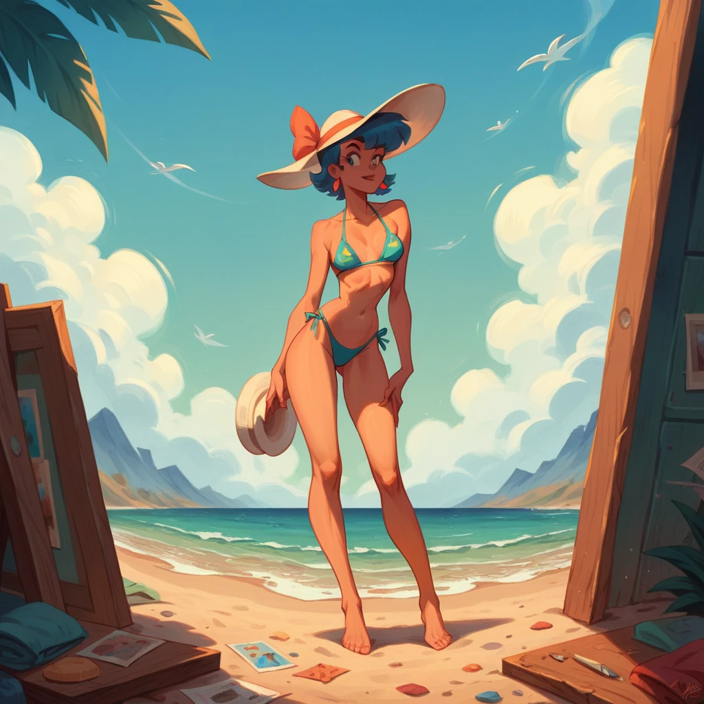 A painting of the character "Wilma from The Flintstones

in a bikini and hat standing on the beach