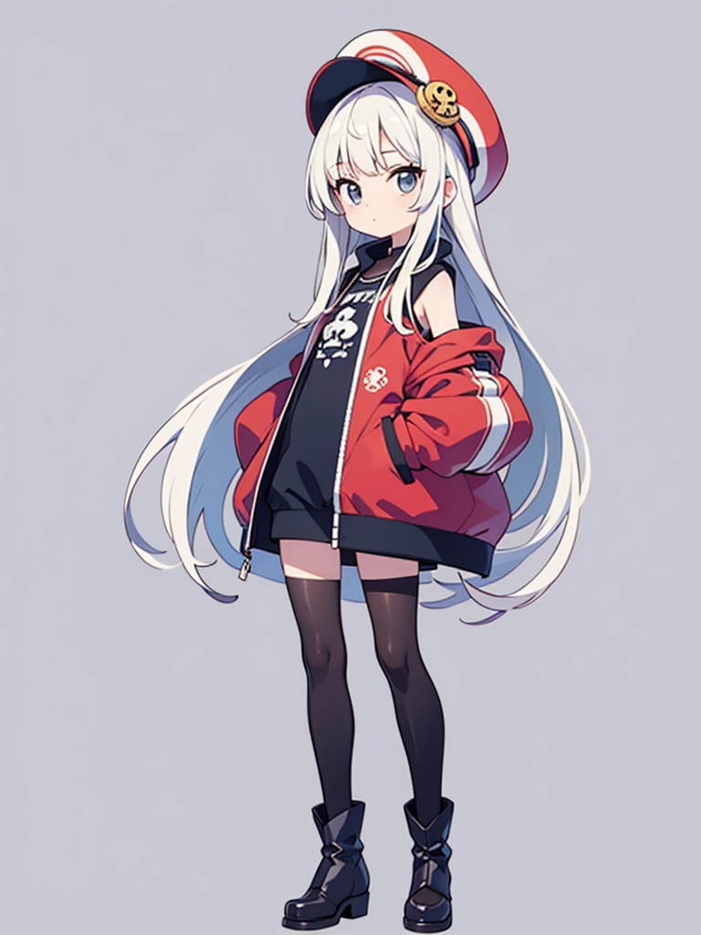 grey background, simple background, chibi, arms at sides, upright, concept art, 独奏, cowboy shot, full body, looking at viewer, Long white hair,one piece