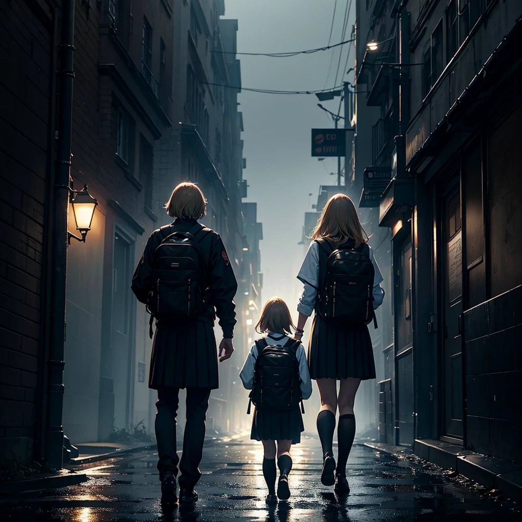 A man, with blond hair, a woman, with brown hair, wearing school uniforms, with backpacks on their shoulders, walking, dark, dark, dark atmosphere, foggy, rainy, mysterious