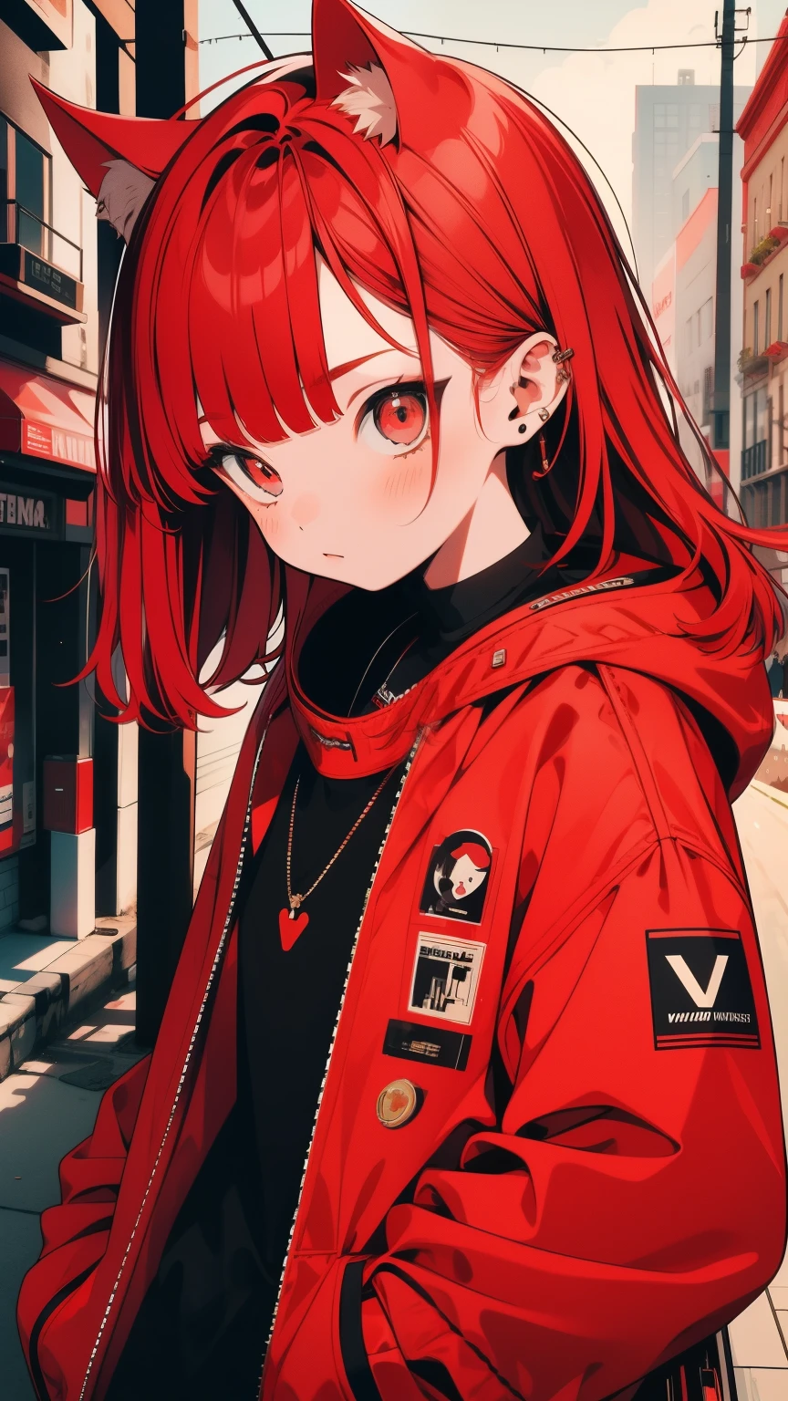 girl, shy, Redhead, Red mix black open short jacket, On the background of the street