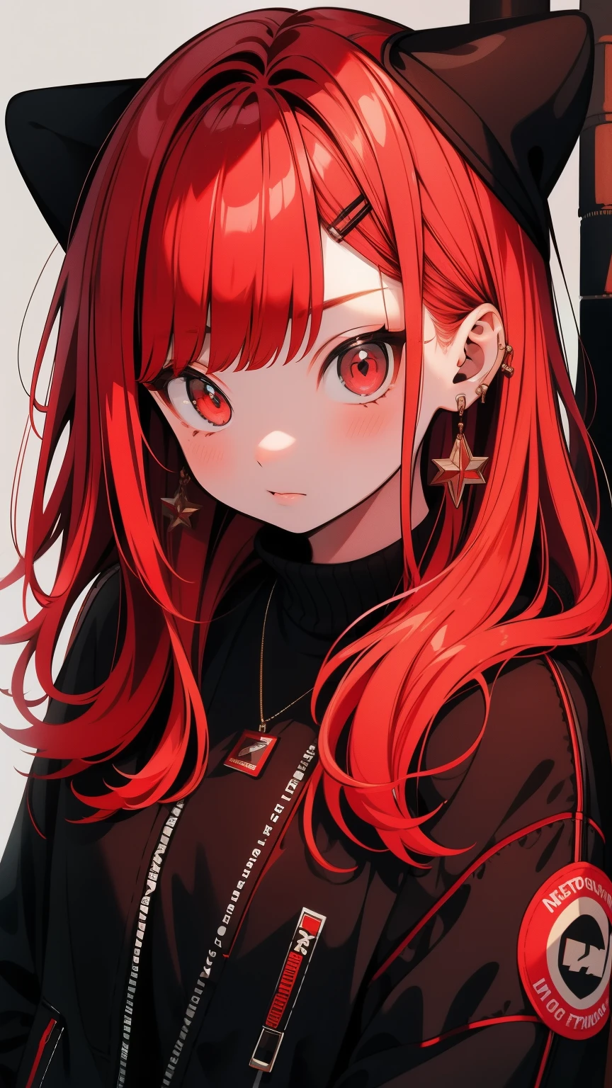 girl, shy, Redhead, Red mix black open short jacket, On the background of the street