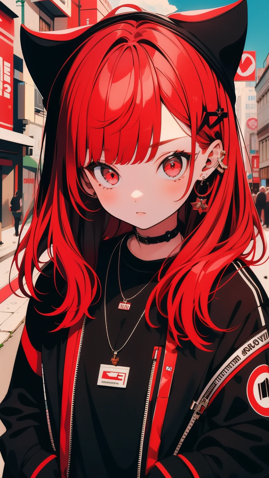 girl, shy, Redhead, Red mix black open short jacket, On the background of the street