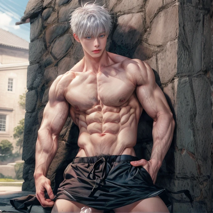 1boy, adult, handsome, perfect face, detailed eyes and face, clean shaved, sixpack realistic, white eyebrow hair, white eyelashes, dynamic lighting, unreal engine 5, hd picture, satoru gojo, white hair, short hair ,hair between eyes ,blue eyes, white skin, milk pink nipple