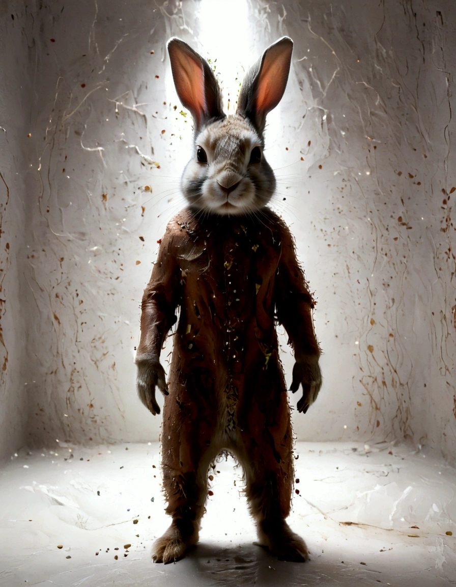 Perfect centralization, rabbit (franco)by downey, standing posture, abstract beauty, They are in the center, looking to the camera en, looking to the camera, approaching perfection, sad, Desperation, full body, put your hand on his head, dynamic, The content is very detailed., seeds, lock focus, 8k, high definition resolution, Lights, Griffiths and Wadim Kashin's Carne body, Black background