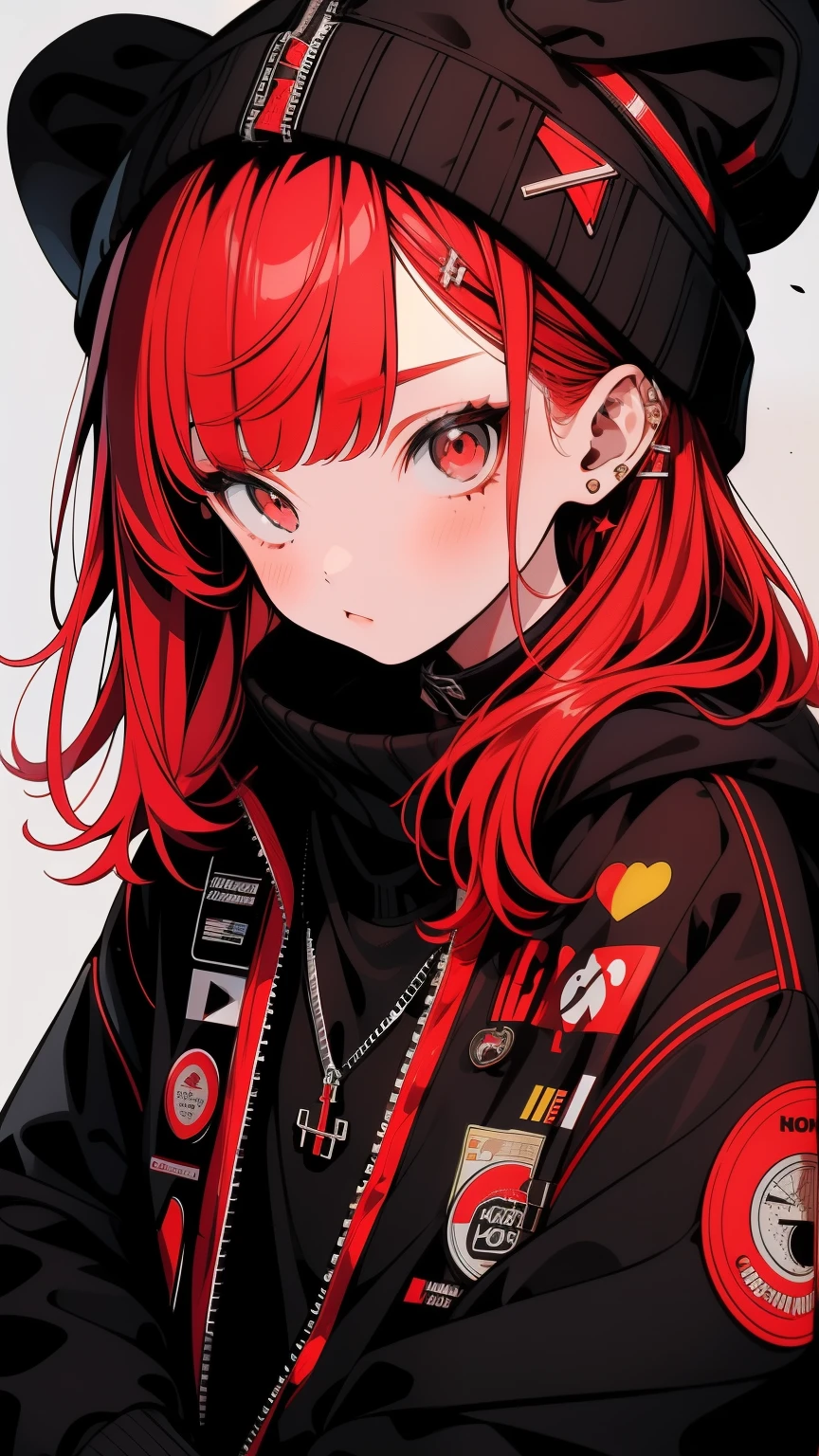 girl, shy, Redhead, Red mix black open short jacket, On the background of the street