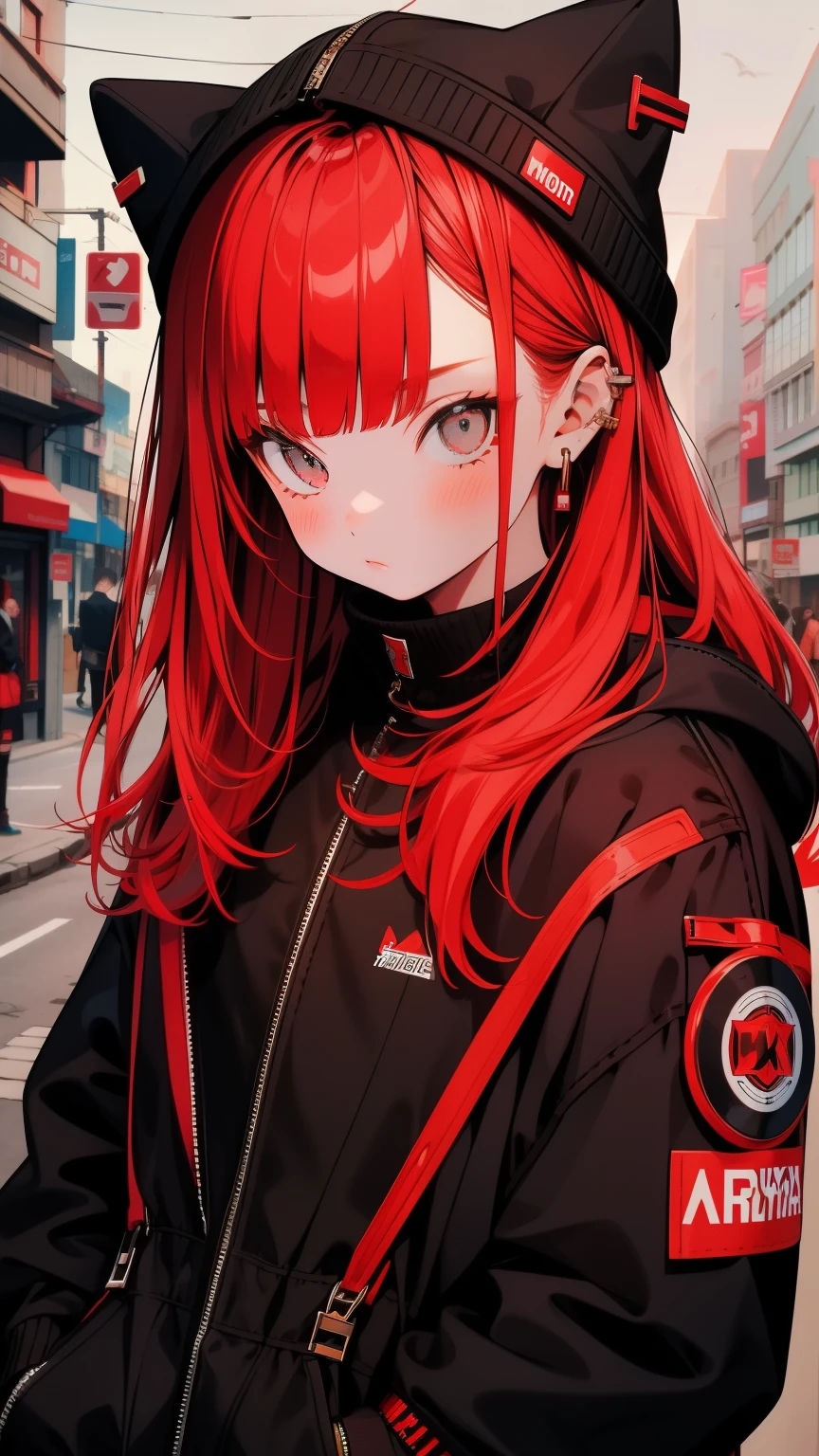girl, shy, Redhead, Red mix black open short jacket, On the background of the street