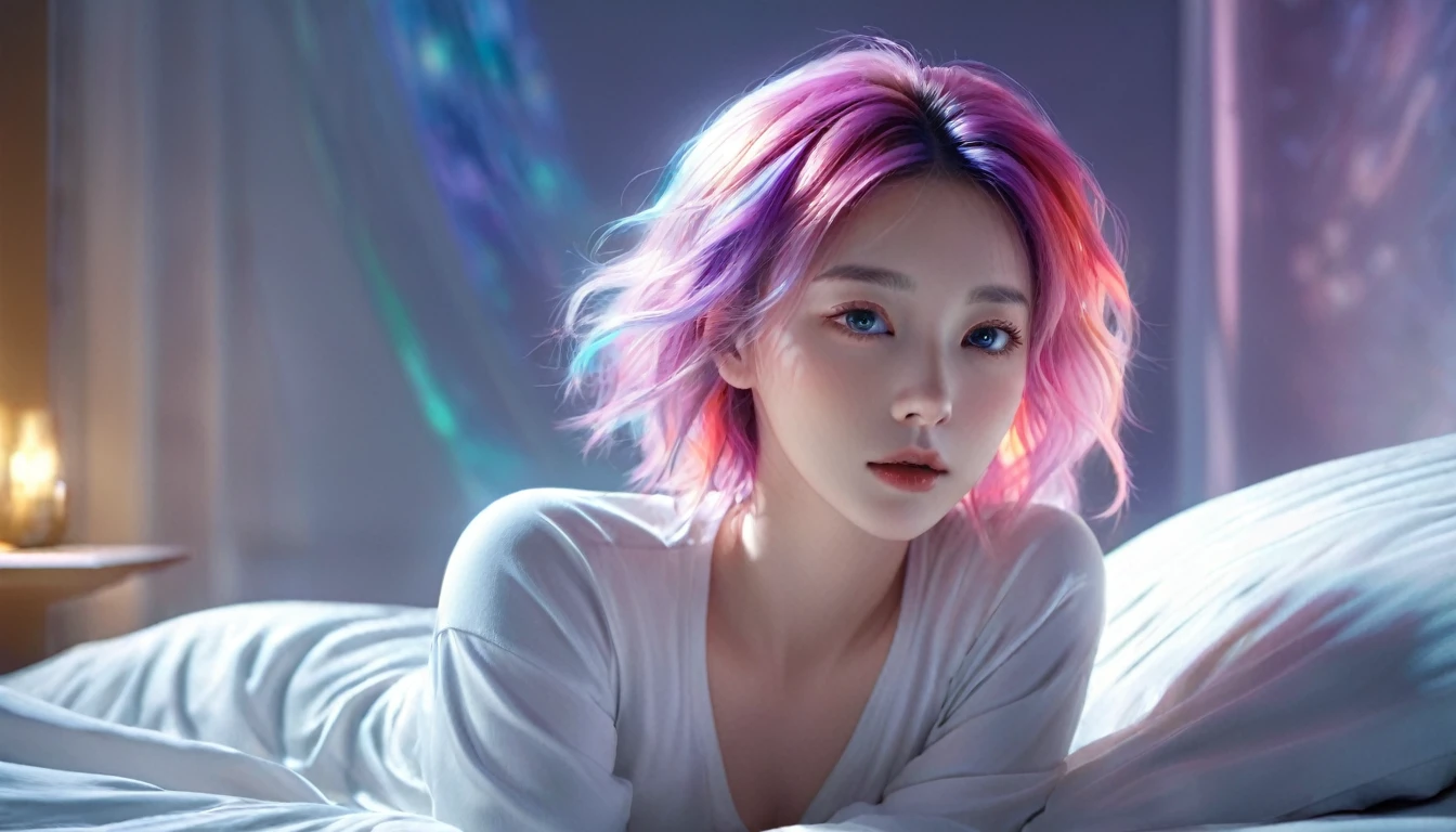 (best quality,8K,Extremely detailed:1.2),(CG,CG Art,3D Rendering),(masterpiece:1.2),(light,Futuristic),(Woman lying in bed,Sleep,Close your eyes),(There is a big window behind her,silent Night),(Colorful hair:1.5)