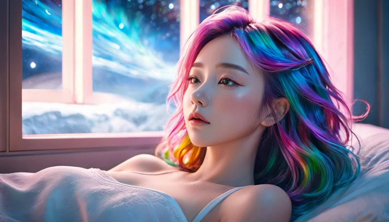 (best quality,8K,Extremely detailed:1.2),(CG,CG Art,3D Rendering),(masterpiece:1.2),(light,Futuristic),(Woman lying in bed,Sleep,Close your eyes),(There is a big window behind her,silent Night),(Colorful hair:1.5)