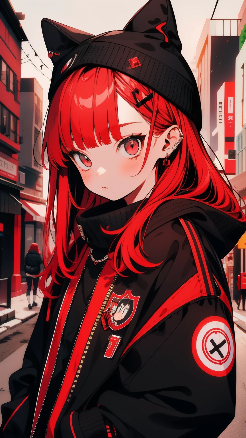 girl, shy, Redhead, Red mix black open short jacket, On the background of the street