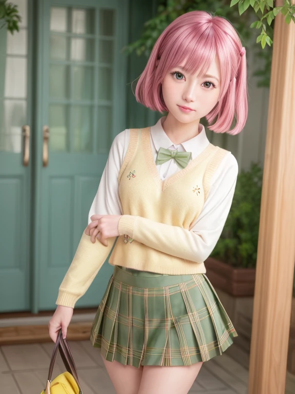ph momo, momohd, phmomo, solo, 1girl,  pink hair, purple eyes, short hair, hair flower, sweater vest, ,(yellow sweater:1.2), big eyes, plaid skirt, black thighhighs, (masterpiece:1.6, best quality),  (finely detailed beautiful eyes: 1.2), ultra-detailed, illustration,beautiful detailed eyes, (yandere:1.4), (empty eyes),  backlighting, looking at viewer, blush, smile, (masterpiece, finely detailed beautiful eyes: 1.2), detailed eyes, hyper detailed,light smile, highly detailed, beautiful, small details, ultra detailed, best quality, intricate, hyperrealism, sharp, digital illustration, detailed, realism, intricate, 4k, 8k, trending on artstation, good anatomy, beautiful lighting, award-winning, photorealistic, realistic shadows, realistic lighting, beautiful lighting, raytracing, intricate details, moody, rule of thirds, masterpiece, (illustration:1.1), highres, (extremely detailed CG, unity, 8k wallpaper:1.1), beautiful face, highly detailed face, ultra realistic, masterpiece, bokeh, pink hair,extremely detailed, intricate, zoomout, colorful, vibrant colors, red nail polish, side view,standing,whole body,green skirt, plaid, plaid skirt, sainan high , , skirt, sweater vest,