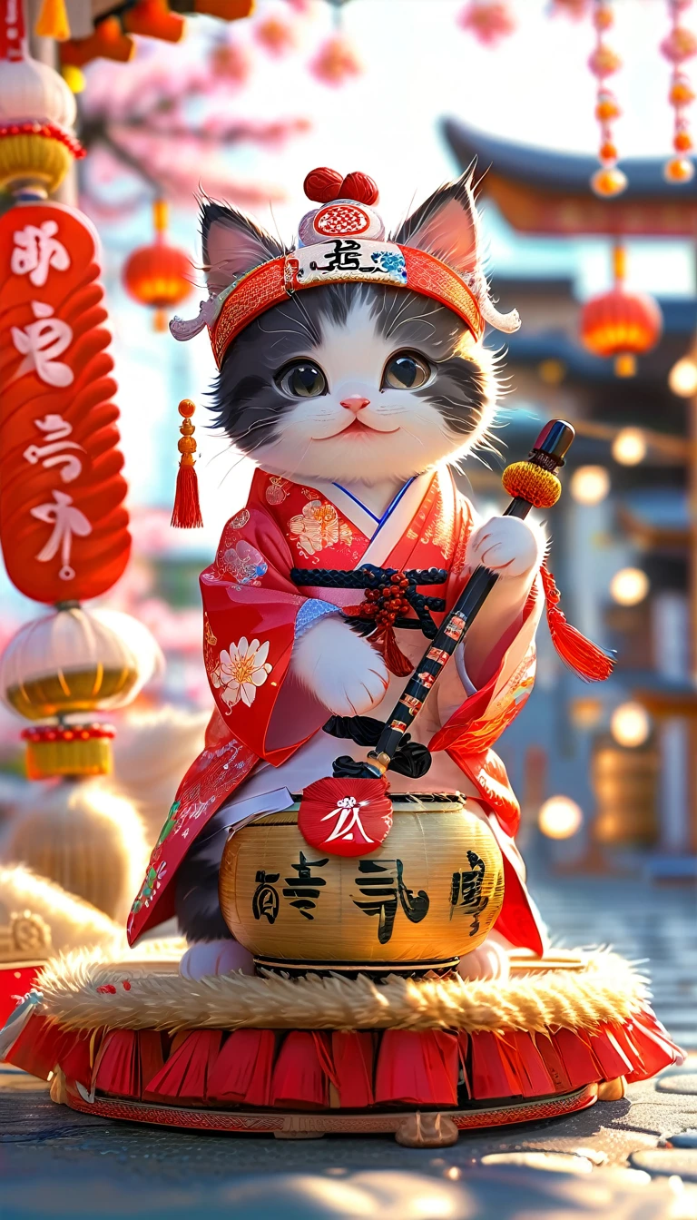 ((8k)), highest quality, 超High resolution, (High resolution), A kitten is wearing a happi coat with the word &quot;matsuri&quot; (festival) written on it, Riding on a festival float, He is playing a drum with a drumstick, A festive headband is tied around his head., ((Chuckle-Smile))