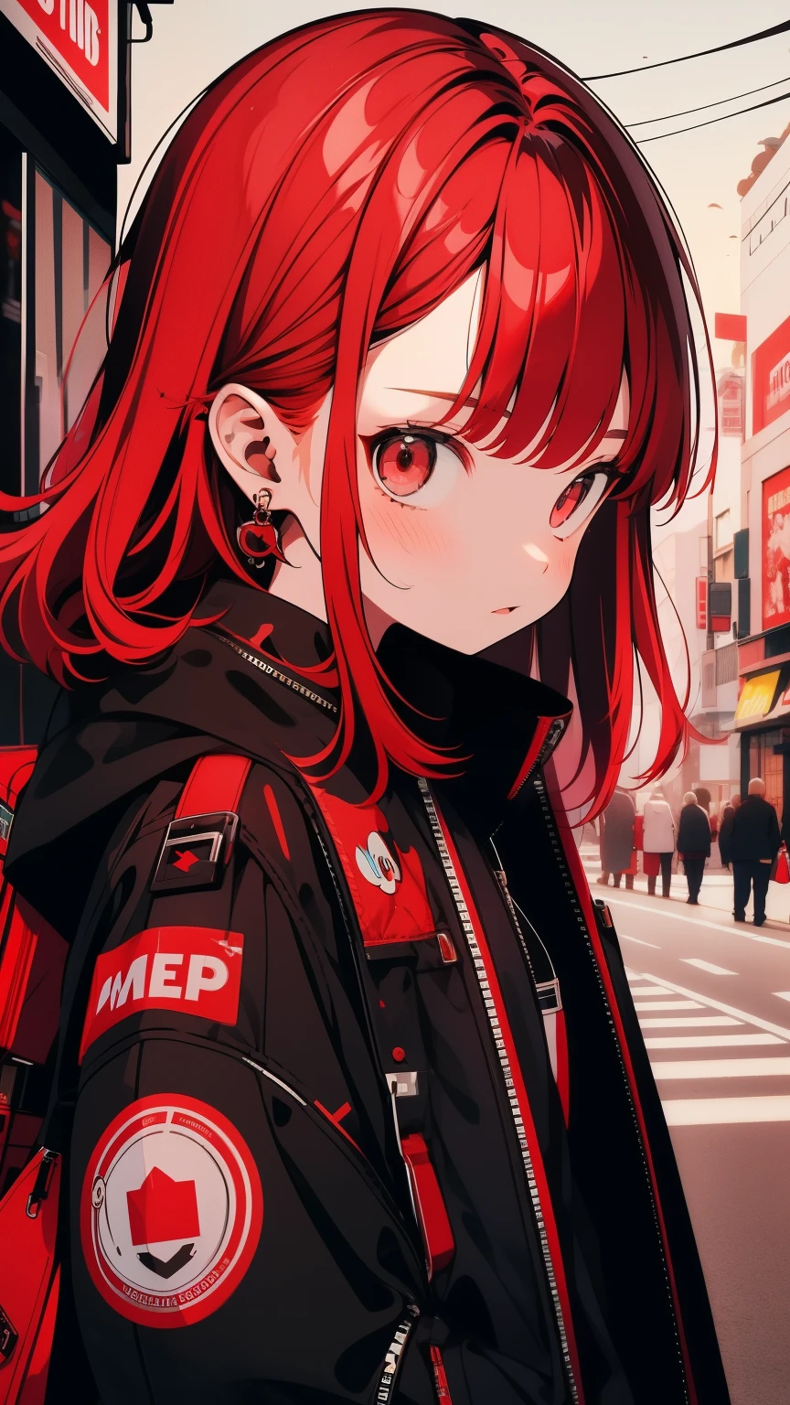 girl, shy, Redhead, Red mix black open short jacket, On the background of the street