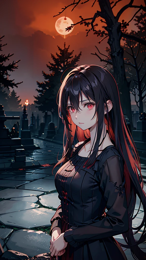 anime style dark spooky graveyard barren trees clear blood red sky detailed shadows moonlight glowing fog intricate tombstones eerie atmosphere high contrast dramatic lighting detailed background