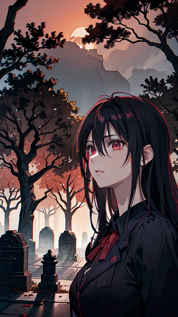 anime style dark spooky graveyard barren trees clear blood red sky detailed shadows moonlight glowing fog intricate tombstones eerie atmosphere high contrast dramatic lighting detailed background