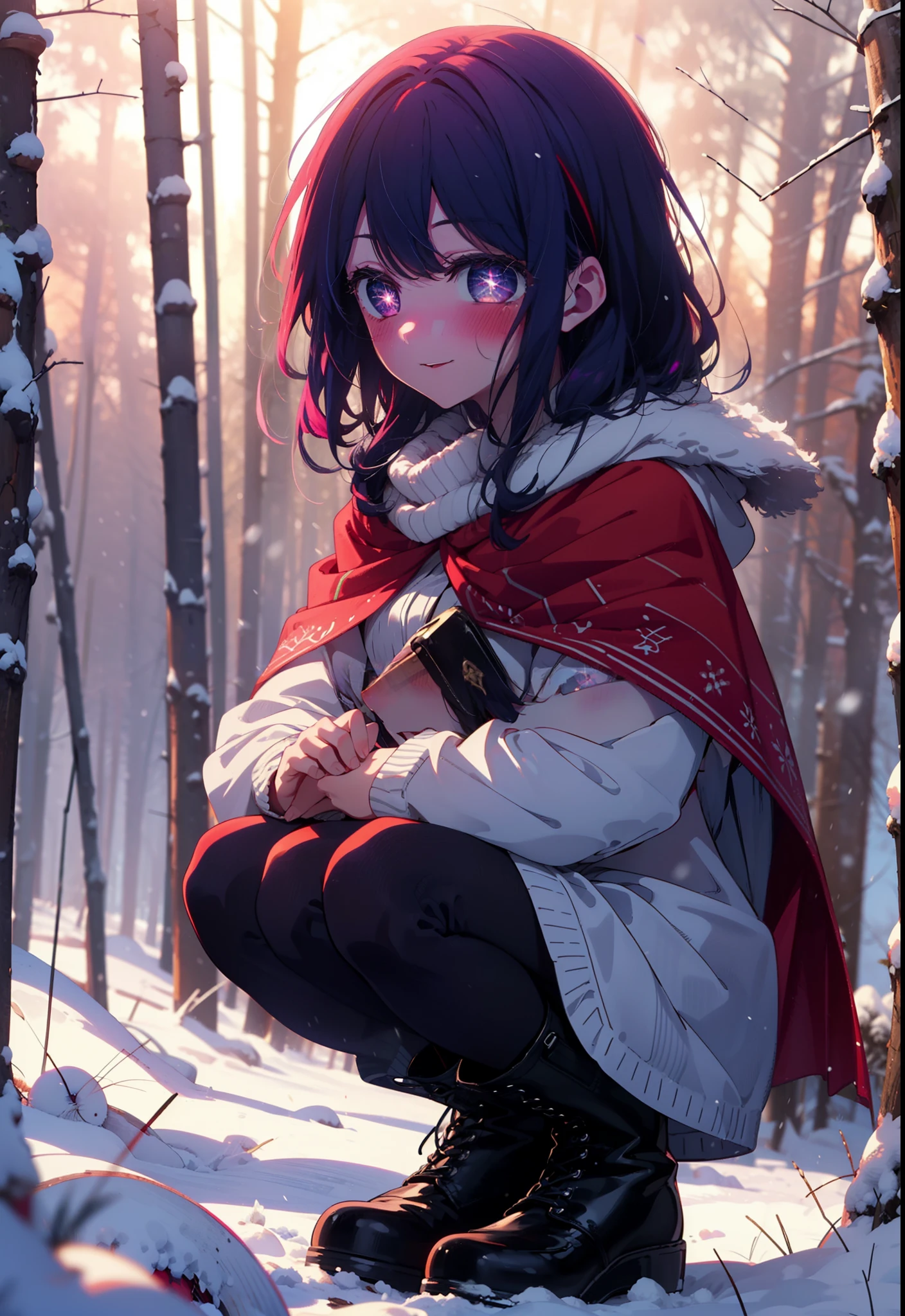 aihoshino, Ai Hoshino, Long Hair, bangs, (Purple eyes:1.1), Purple Hair, (Symbol-shaped pupil:1.5), smile,,smile,blush,white breath,
Open your mouth,snow,Ground bonfire, Outdoor, boots, snowing, From the side, wood, suitcase, Cape, Blurred, , forest, White handbag, nature,  Squat, Mouth closed, Cape, winter, Written boundary depth, Black shoes, red Cape break looking at viewer, Upper Body, whole body, break Outdoor, forest, nature, break (masterpiece:1.2), Highest quality, High resolution, unity 8k wallpaper, (shape:0.8), (Beautiful and beautiful eyes:1.6), Highly detailed face, Perfect lighting, Extremely detailed CG, (Perfect hands, Perfect Anatomy),