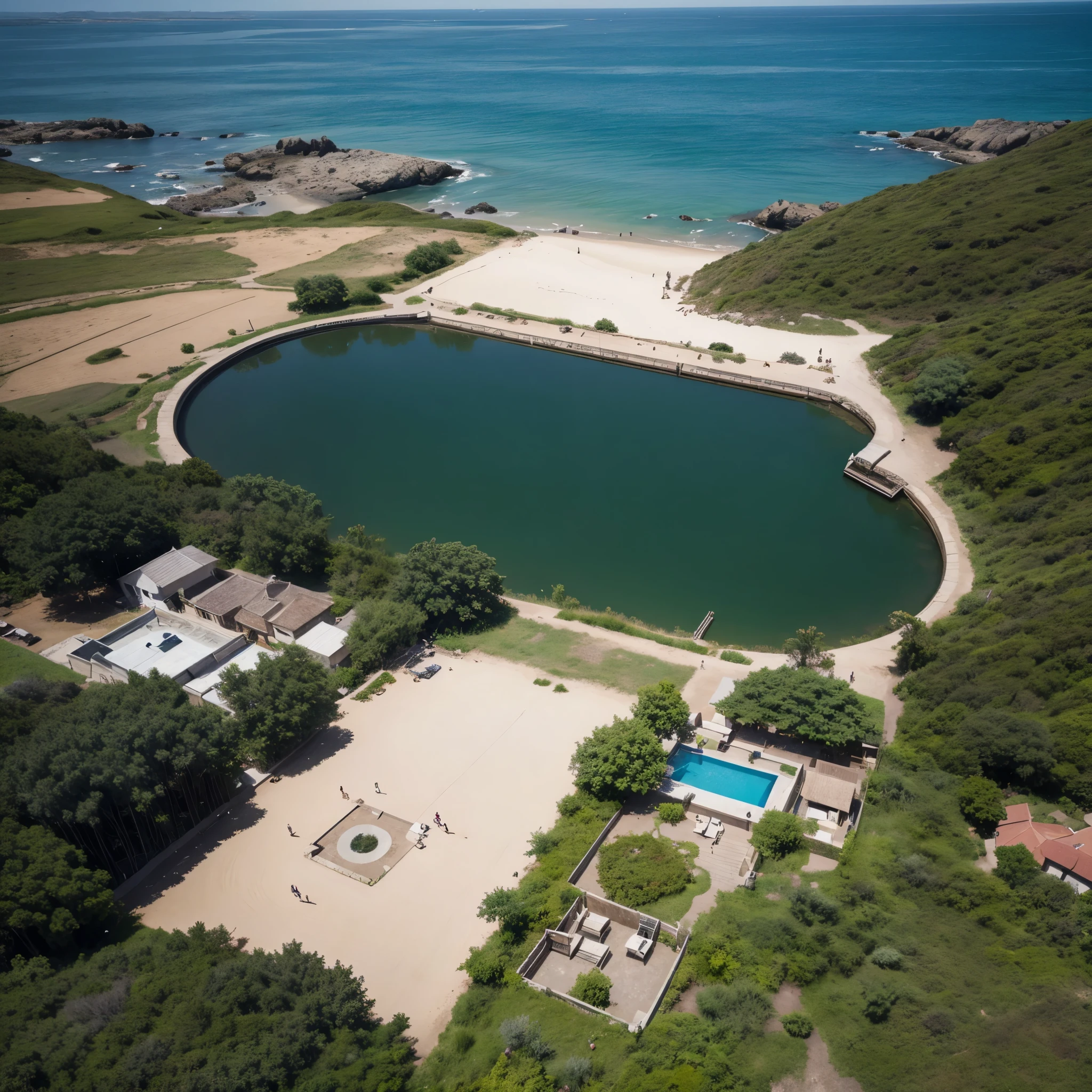 there is a small pool in the middle of a quintal, backquintal, photo taken from above, rock, outside, view from the top, quintal, aerial shot, top photo, ariel view, Photo from top to bottom, back quintal, aerial view from above, village, view from above, seen from the top, Full view, outside view, by Felipe Device