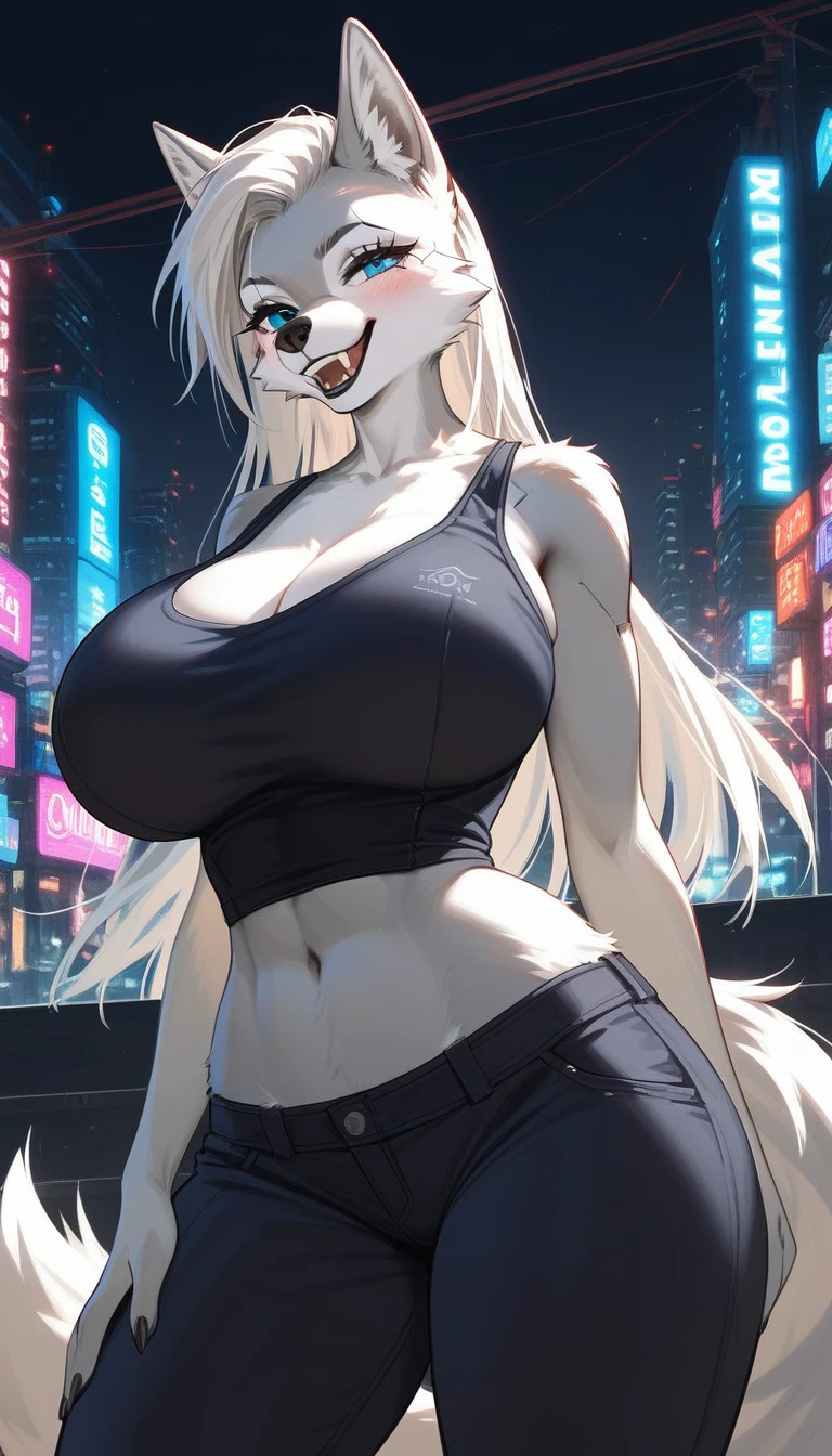 score_9,score_8_up,score_7_up, source_furry, a tall female wolf anthro, furry, gray snout, black nose, blue eyes, athletic body, short spiked undercut platinum blonde hair, black lips, wolf tail, wolf ears, standing, portrait, smile, canine teeth, sharp canine teeth, front view, (face focus), nice hips, long hair, close up, wide hips, gray fur, seductive, blush, huge breasts, breast jiggle, teasing, wide hips, outdoors, detailed background, white hair, wide hips, thick thighs, outfit cyberpunk, cyberpunk city, neon lights, tight clothes, midriff,