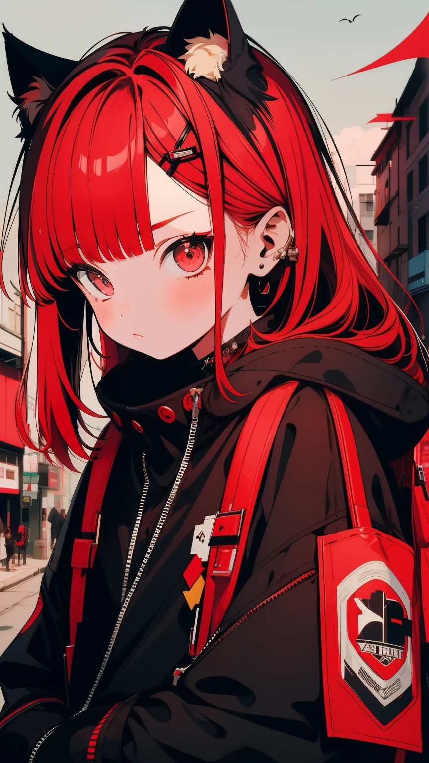 girl, shy, Redhead, Red mix black open short jacket, On the background of the street