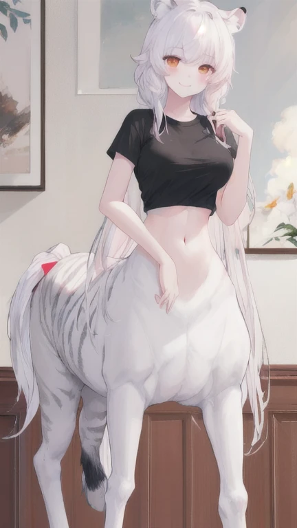 (best quality, masterpiece), 1 girl, centaur, It takes, White skin,belly button t-shirt, beautiful girl perfect white tiger photo, perfect white tiger photo
