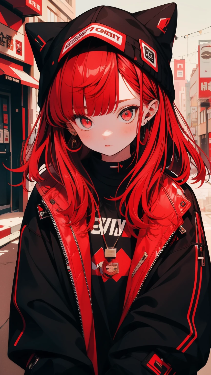 girl, shy, Redhead, Red mix black open short jacket, On the background of the street