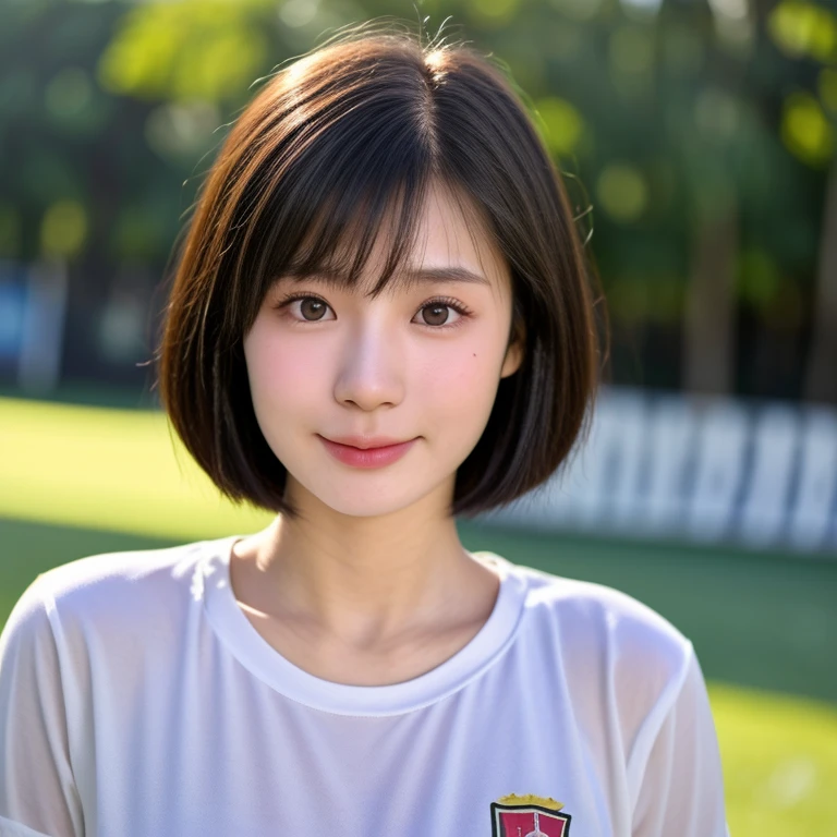 (kawaii 18 year-old Japanese girl, Nogizaka idol, Korean idol, highschool student), soccer player, healthy female athlete body, (glossy black hair, short hair, pixie cut, bangs:1.3), (rounded face, beautiful black eyes, single eyelid, no makeup, embarrassed:1.2), (wearing soccer jersey:1.3), extra small breasts, BREAK, (park background, turf, summer daytime, warm sunlight from forward), (dynamic angle, bust shot), BREAK, (masterpiece, best quality, photo realistic, official art:1.4), (UHD, 8K quality wallpaper, high resolution, raw photo, golden ratio:1.3), (shiny skin), professional lighting, physically based rendering, award winning, (highly detailed skin, extremely detailed face and eyes), Carl Zeiss 85 mm F/1.4, depth of field, 1girl, solo,