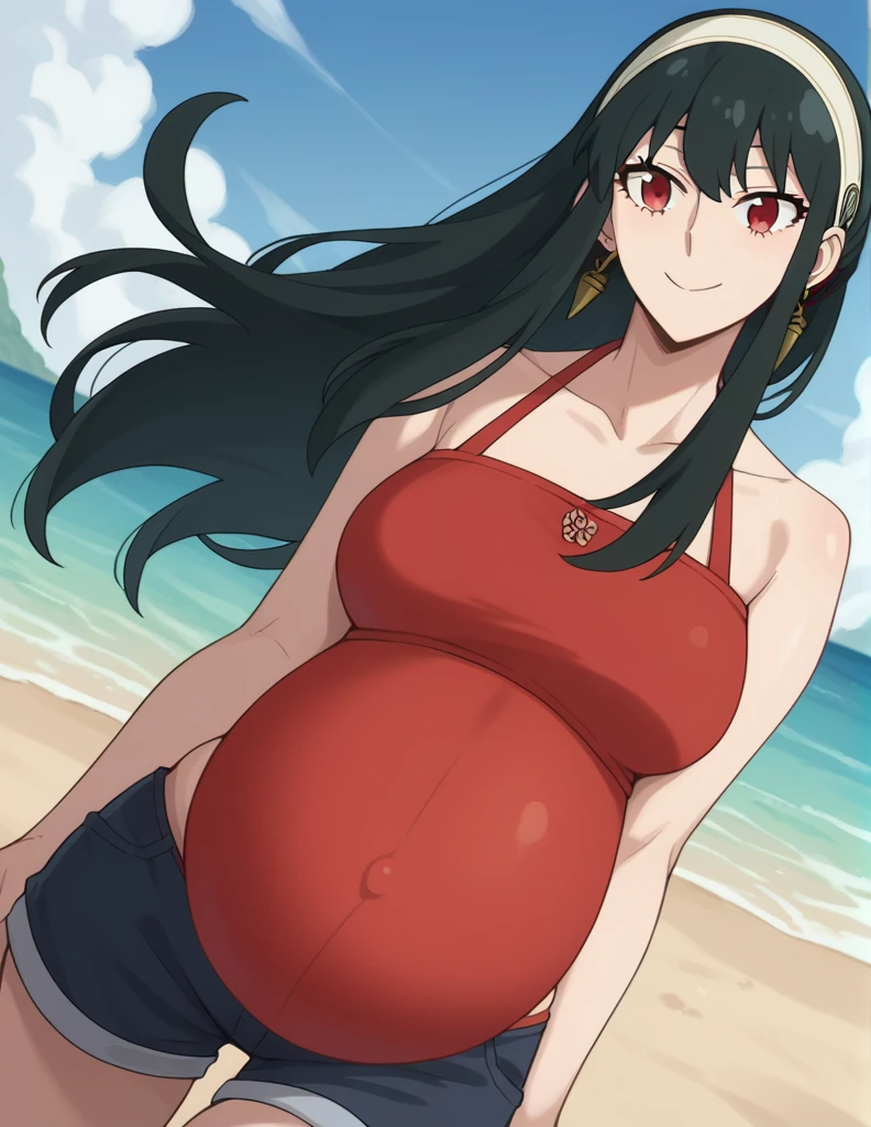 score_9, score_8_up, score_7_up, source_anime,
yorbriar, yor briar, black hair, red eyes, earrings, white hairband, hairband, long hair, sidelocks,
bare shoulders, red bikini, shorts, thighs,
Beach, smile,
looking at viewer, dutch angle, cowboy shot, pregnant, huge belly