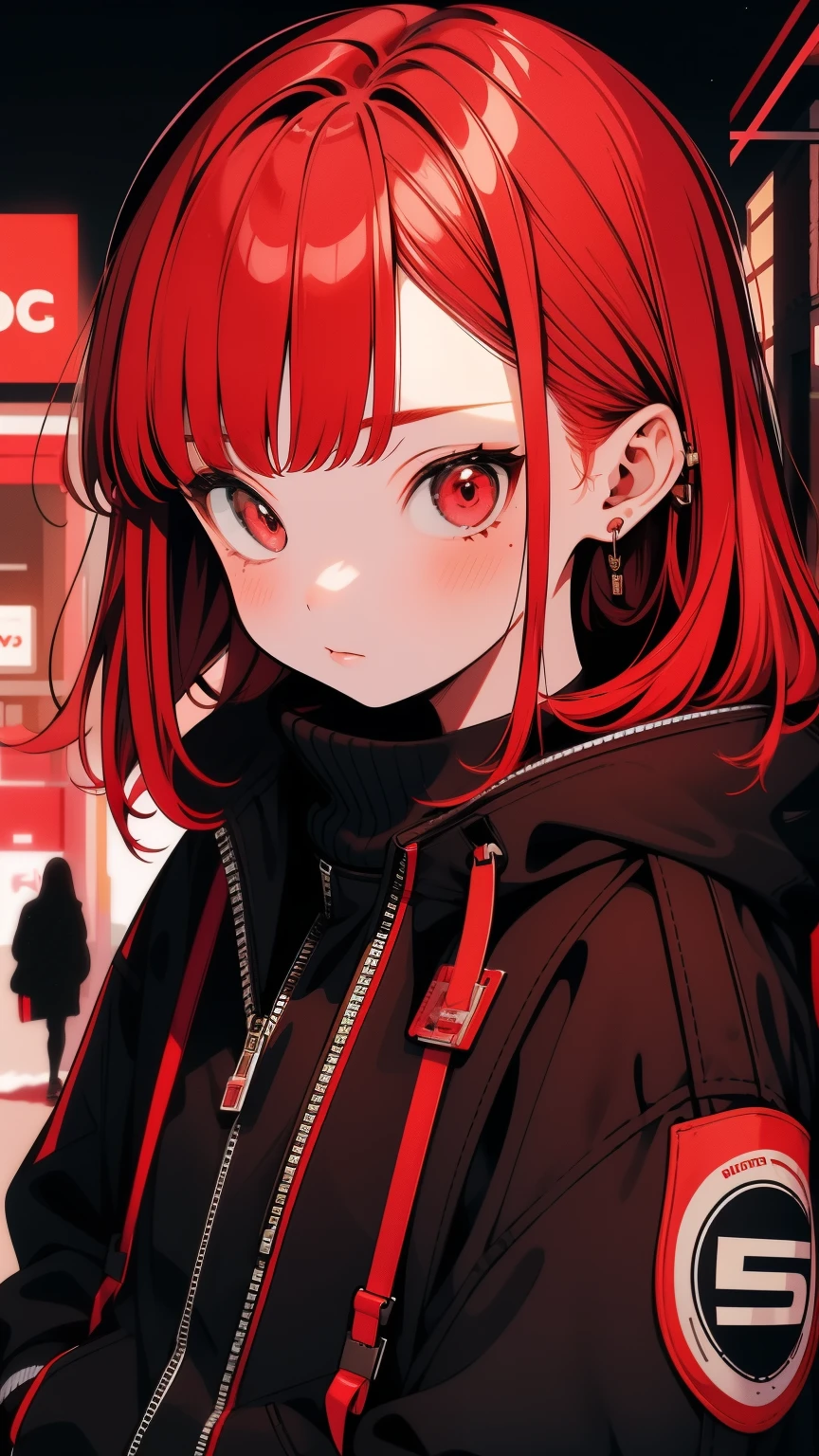 girl, shy, Redhead, Red mix black open short jacket, On the background of the street