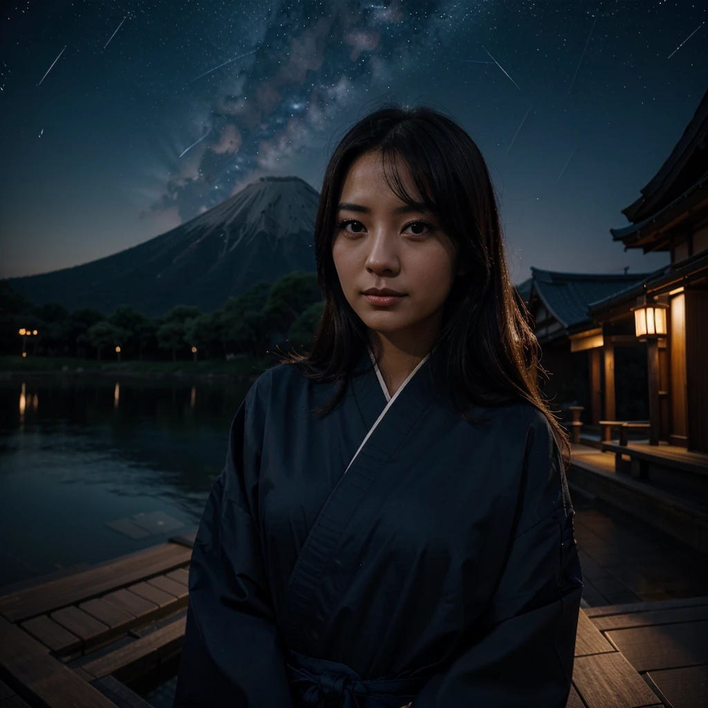 A beautiful lady looking at stars in the night in Japanese sky