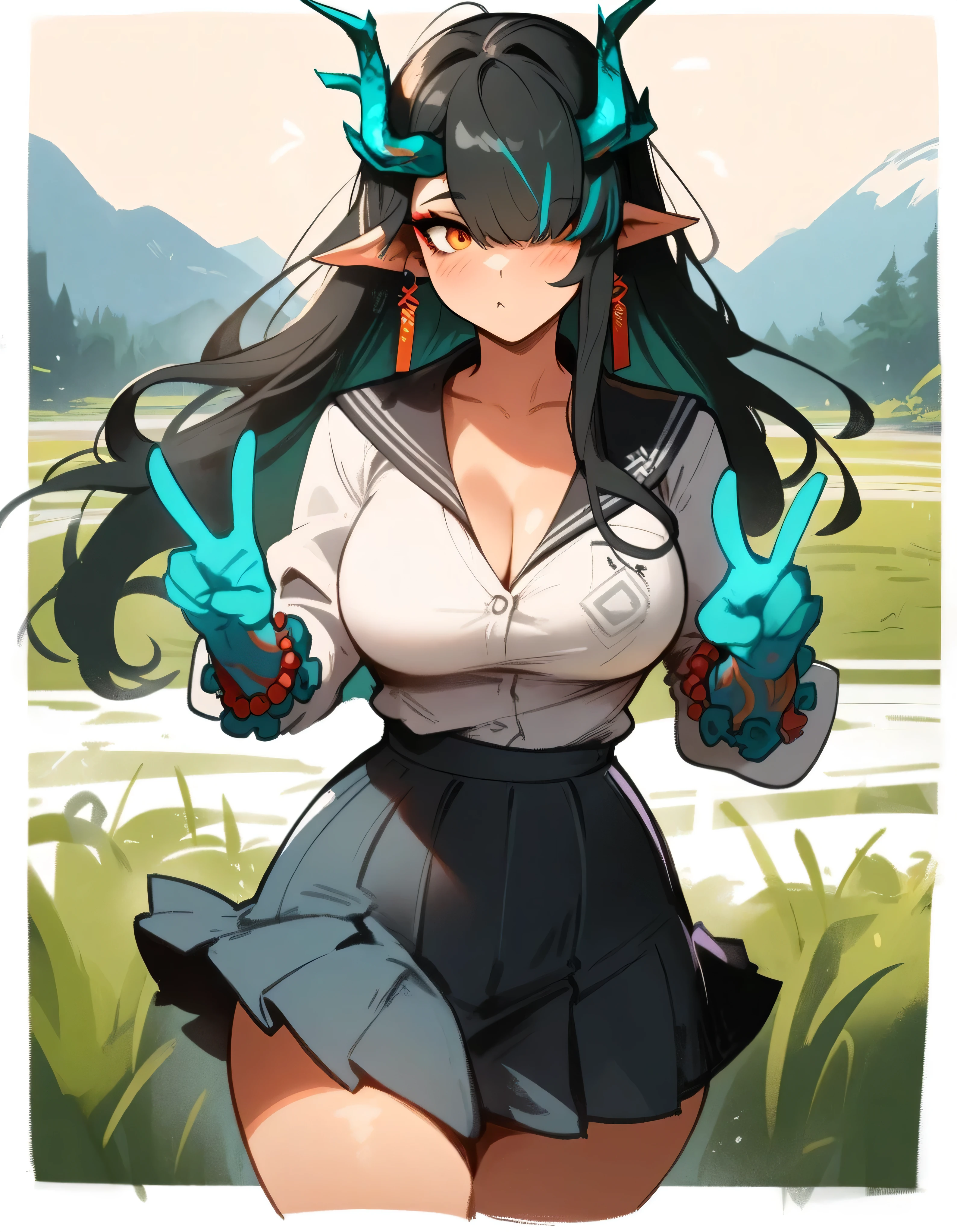 1girl, dusk \(arknights\), arknights \\\\\ masterpiece, best quality, newest, orange eyes, black hair, horns, ///// by nyantcha, , by khyle, cutesexyrobutts \\\\\  turquoise hands, hands and forearms turquoise, , ,large breasts, black pleated skirt, black sailor collar, thin waist,(school outfit:1.2), straight-on, , cowboy shot, cropped legs, mountains, solo, rice field, solo, blush, wind, V, cleavage