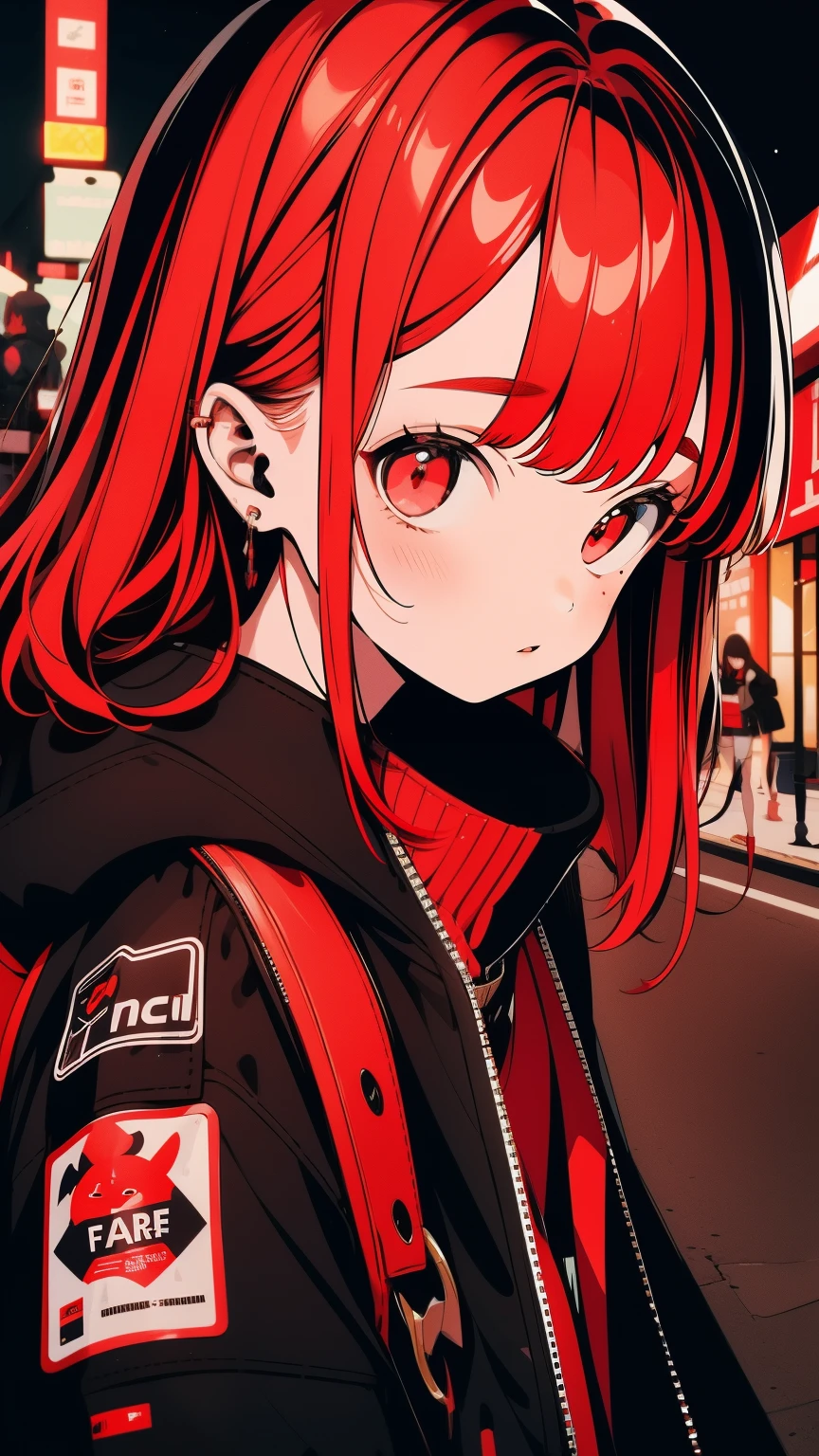 girl, shy, Redhead, Red mix black open short jacket, On the background of the street
