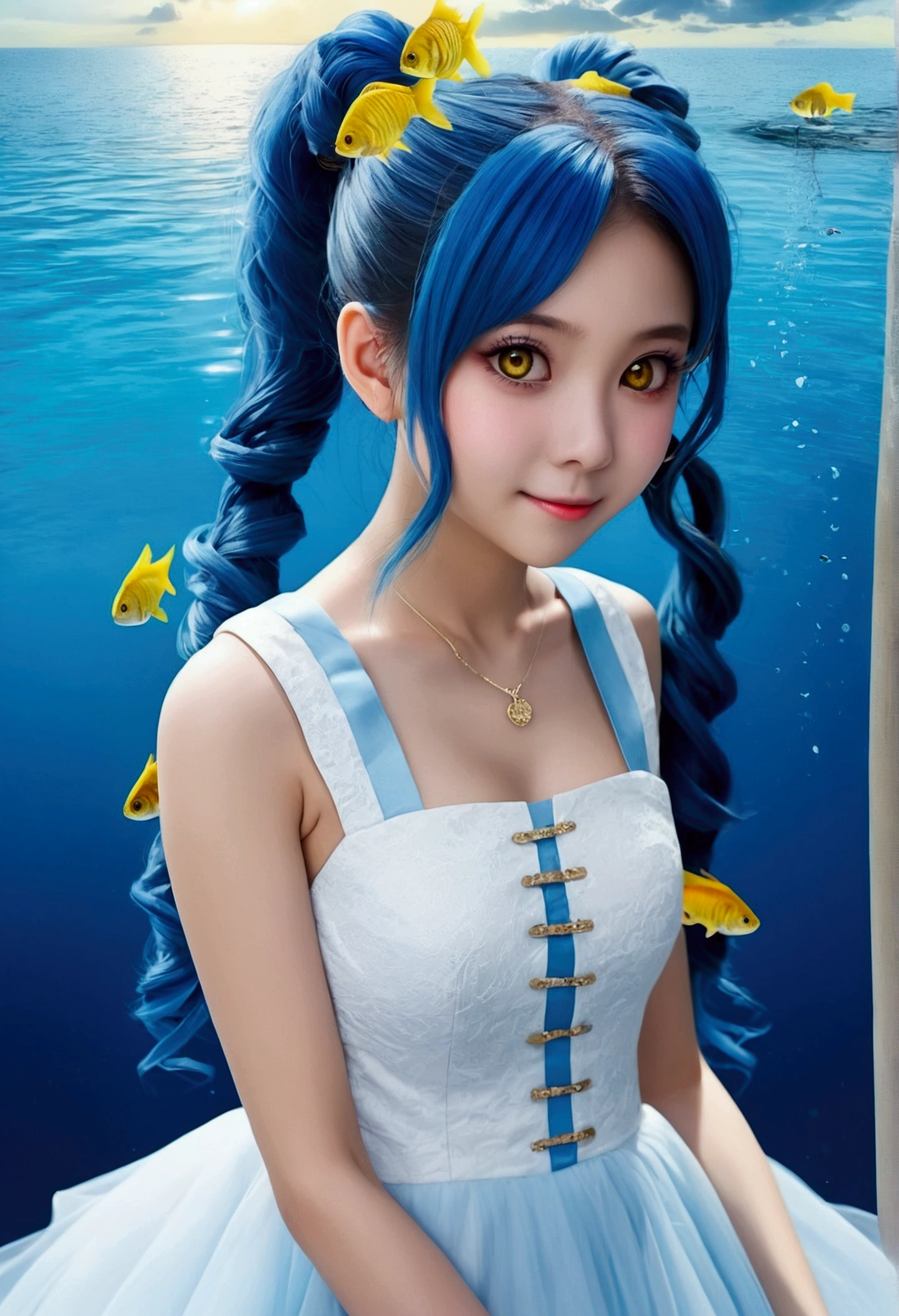 (Pianfei), (best quality), Very detailed, 1 girl, perfect face, (Personal full body photo:1.3), Very detailed顔,(Blue double ponytail hair:1.5),(yellow eyes:1.4),(In the water:1.4),(white dress:1.5),ocean,Small schools of fish,Light,bubble,jellyfish,Ocean Algae,red fish,yellow fish,Deep Ocean,fantasy,Ocean bottom,float,(Ocean bottom city:1.4),Smile:1.3