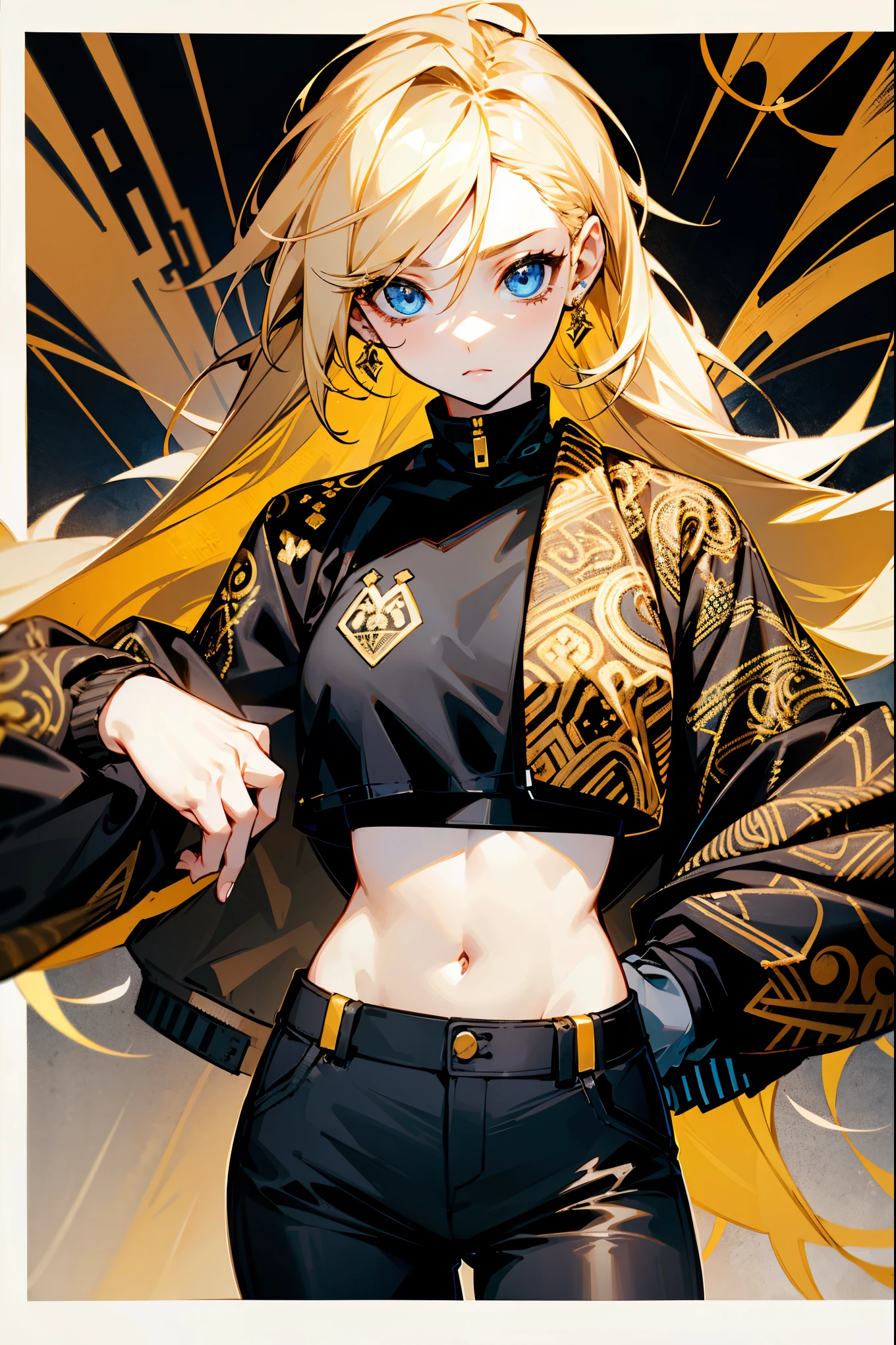 1female, blonde hair, blue eyes, messy let down hair, white crop top, black and gold jacket with intricate designs, black pants, foggy background