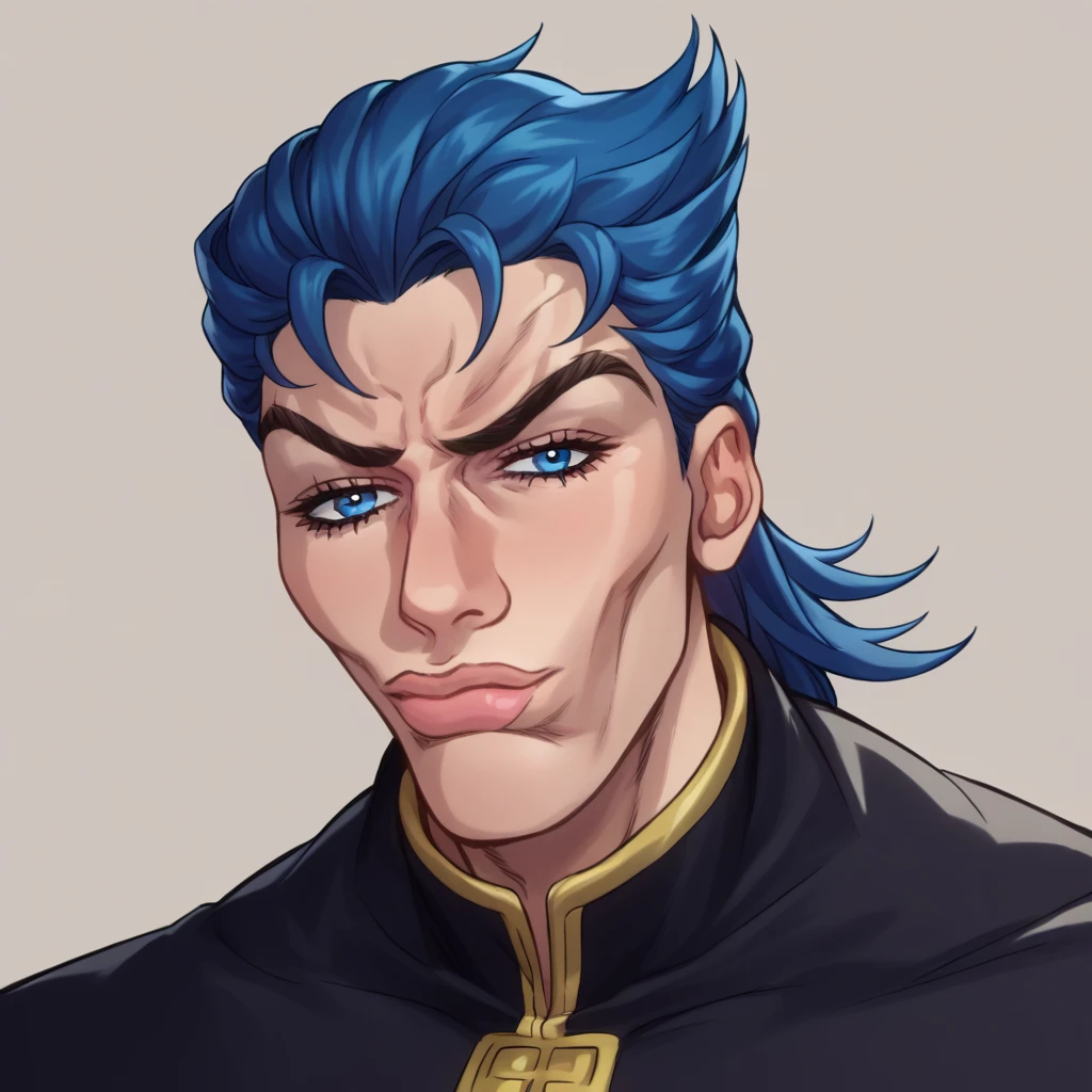 score_9, score_8_up, score_7_up, source_anime, SkylerWhiteYo, closed mouth, black coat, blue hair, blue eyes, JoJo, JoJo style, JoJo's Bizarre adventure