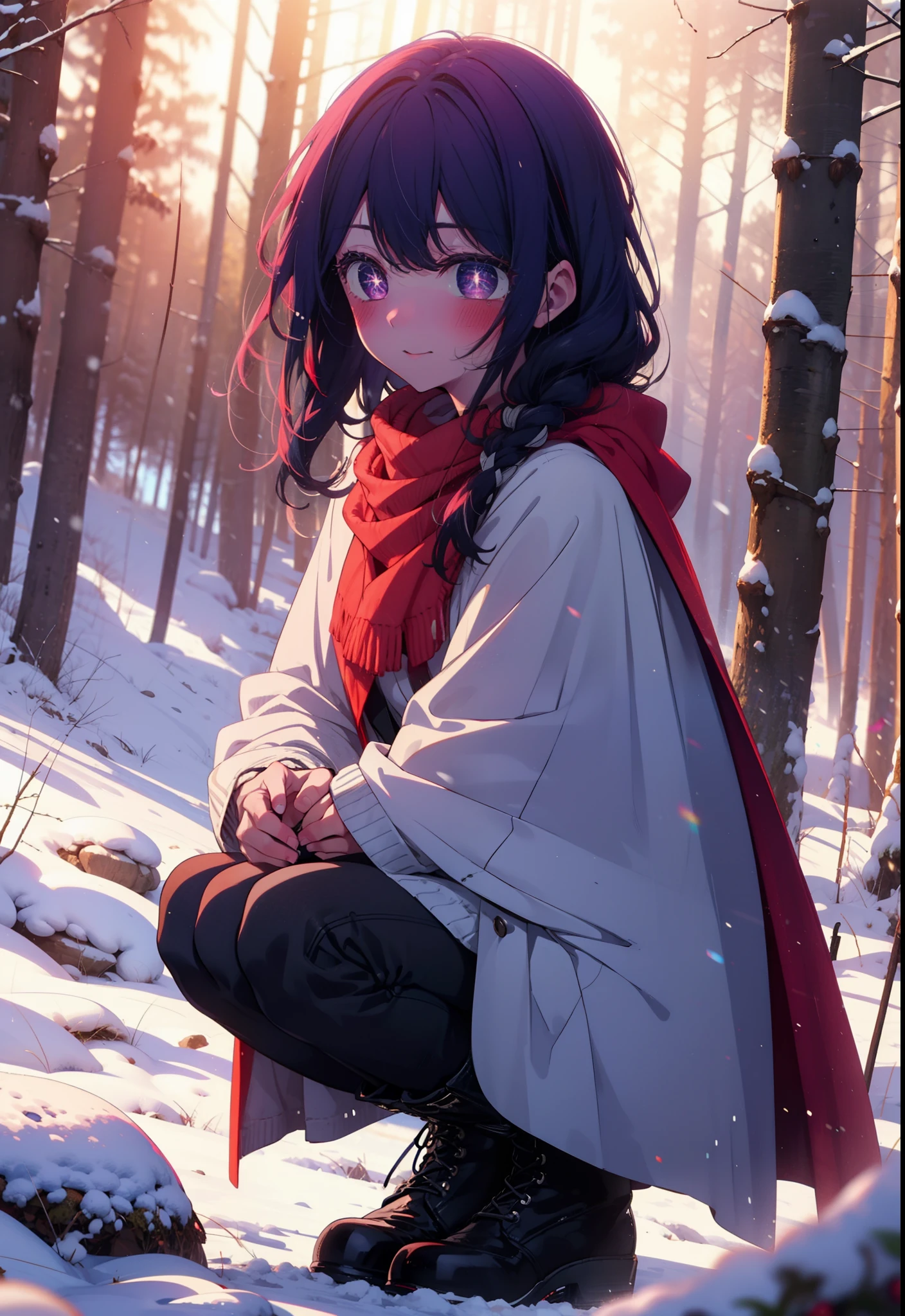 aihoshino, Ai Hoshino, Long Hair, bangs, (Purple eyes:1.1), Purple Hair, (Symbol-shaped pupil:1.5), smile,,smile,blush,white breath,
Open your mouth,snow,Ground bonfire, Outdoor, boots, snowing, From the side, wood, suitcase, Cape, Blurred, , forest, White handbag, nature,  Squat, Mouth closed, Cape, winter, Written boundary depth, Black shoes, red Cape break looking at viewer, Upper Body, whole body, break Outdoor, forest, nature, break (masterpiece:1.2), Highest quality, High resolution, unity 8k wallpaper, (shape:0.8), (Beautiful and beautiful eyes:1.6), Highly detailed face, Perfect lighting, Extremely detailed CG, (Perfect hands, Perfect Anatomy),