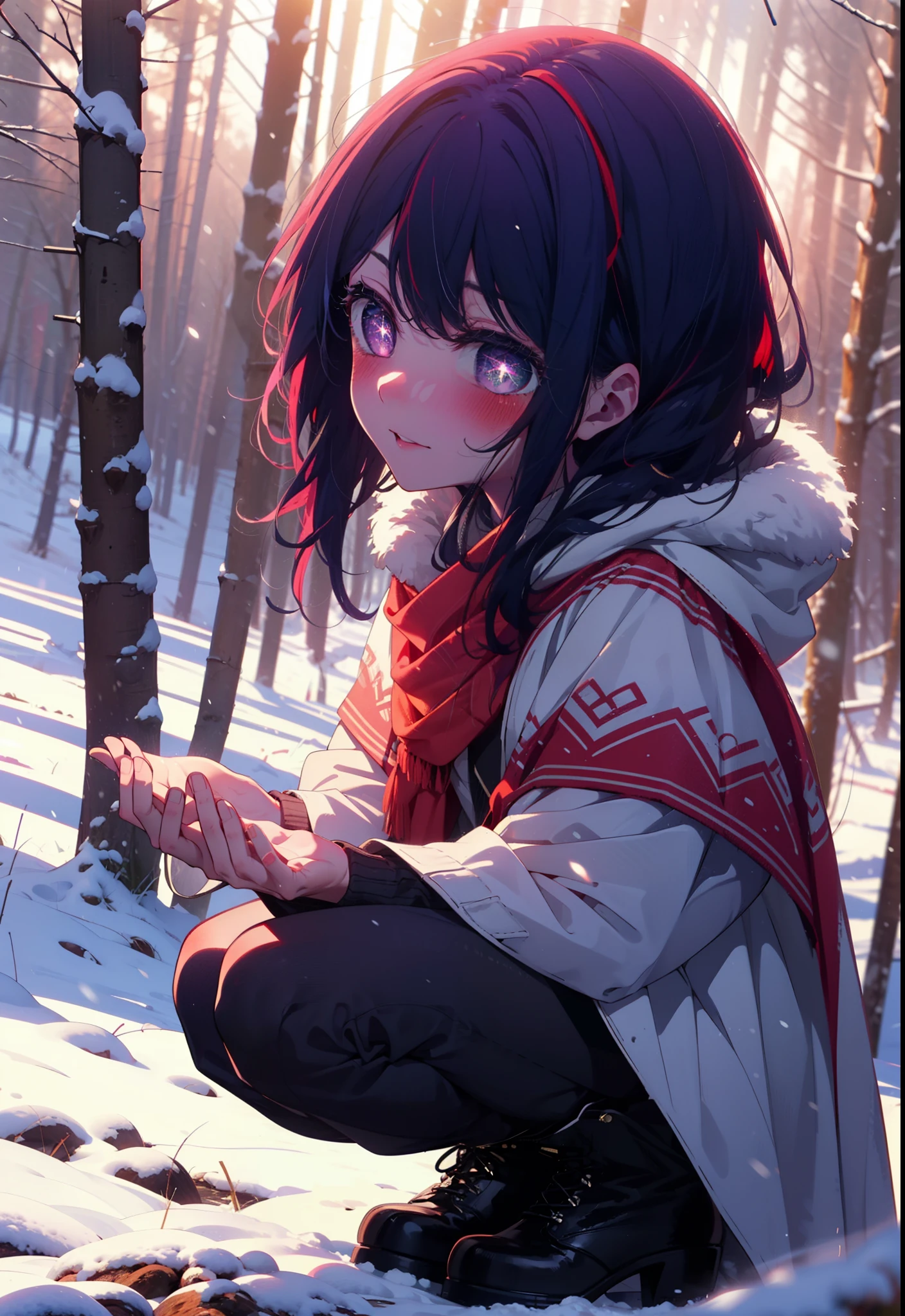 aihoshino, Ai Hoshino, Long Hair, bangs, (Purple eyes:1.1), Purple Hair, (Symbol-shaped pupil:1.5), smile,,smile,blush,white breath,
Open your mouth,snow,Ground bonfire, Outdoor, boots, snowing, From the side, wood, suitcase, Cape, Blurred, , forest, White handbag, nature,  Squat, Mouth closed, Cape, winter, Written boundary depth, Black shoes, red Cape break looking at viewer, Upper Body, whole body, break Outdoor, forest, nature, break (masterpiece:1.2), Highest quality, High resolution, unity 8k wallpaper, (shape:0.8), (Beautiful and beautiful eyes:1.6), Highly detailed face, Perfect lighting, Extremely detailed CG, (Perfect hands, Perfect Anatomy),