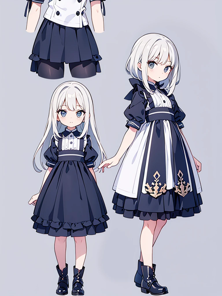 ultra-detalled, grey background, simple background, chibi, arms at sides, upright, concept art, 独奏, cowboy shot, full body, looking at viewer, Long white hair,one piece