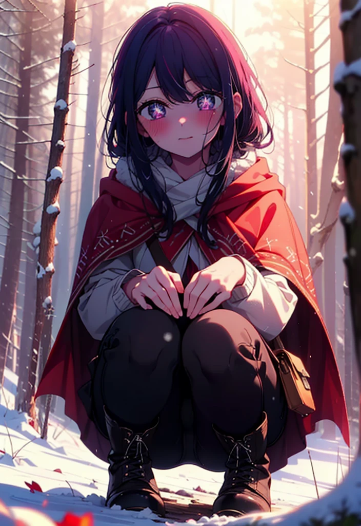 aihoshino, Ai Hoshino, Long Hair, bangs, (Purple eyes:1.1), Purple Hair, (Symbol-shaped pupil:1.5), smile,,smile,blush,white breath,
Open your mouth,snow,Ground bonfire, Outdoor, boots, snowing, From the side, wood, suitcase, Cape, Blurred, , forest, White handbag, nature, Squat, Mouth closed, Cape, winter, Written boundary depth, Black shoes, red Cape break looking at viewer, Upper Body, whole body, break Outdoor, forest, nature, break (masterpiece:1.2), Highest quality, High resolution, unity 8k wallpaper, (shape:0.8), (Beautiful and beautiful eyes:1.6), Highly detailed face, Perfect lighting, Extremely detailed CG, (Perfect hands, Perfect Anatomy),