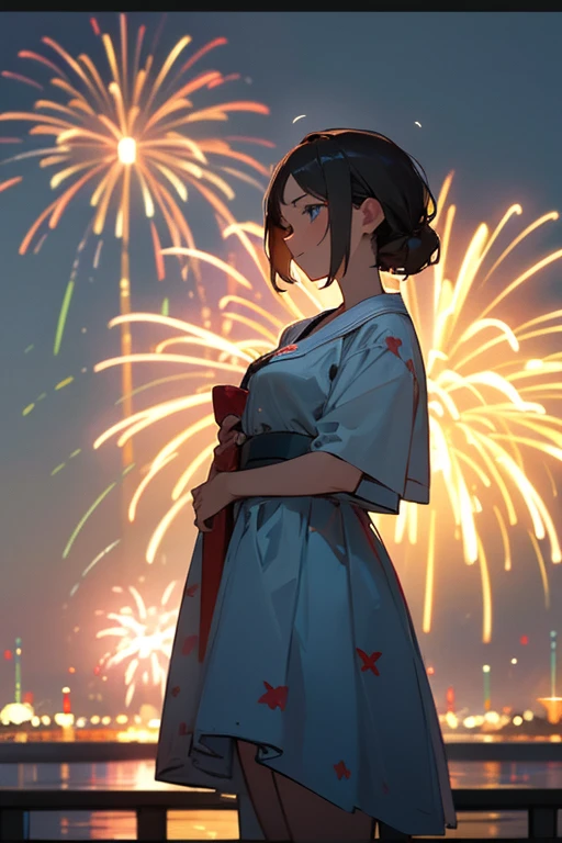 (Masterpiece)、(Highest quality)、(8k).Watch the fireworks、Cute adult woman、