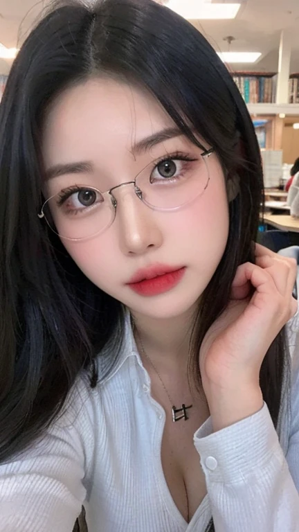 ((Highest quality))、((Very detailed))、(RAW Photos:1.2)、(High resolution detailed face and eyes:1.4)、(Huge breasts)、(Random gravure idol poses)、20-year-old、Japanese Supermodel、library、Long sleeve shirt、Intellectual glasses、Detailed Necklace、1 photo、Sitting in a chair