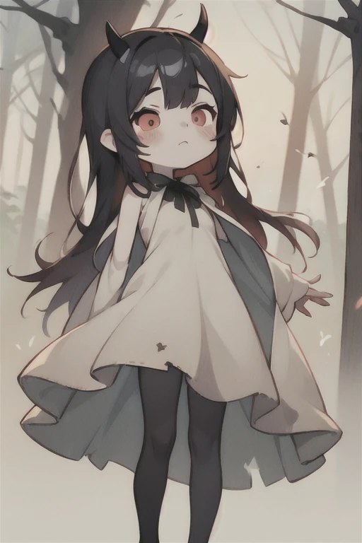 Young Girl,,Wearing a one-piece dress,Mini character,Red eyes,Black Hair,Long Hair,Dark atmosphere,Deformed character,Horns growing,Ahoge,Pale skin,eyes are half closed,Troubled face,Shoulder sticking out,Sleeveless dress,Tight-fitting clothing
