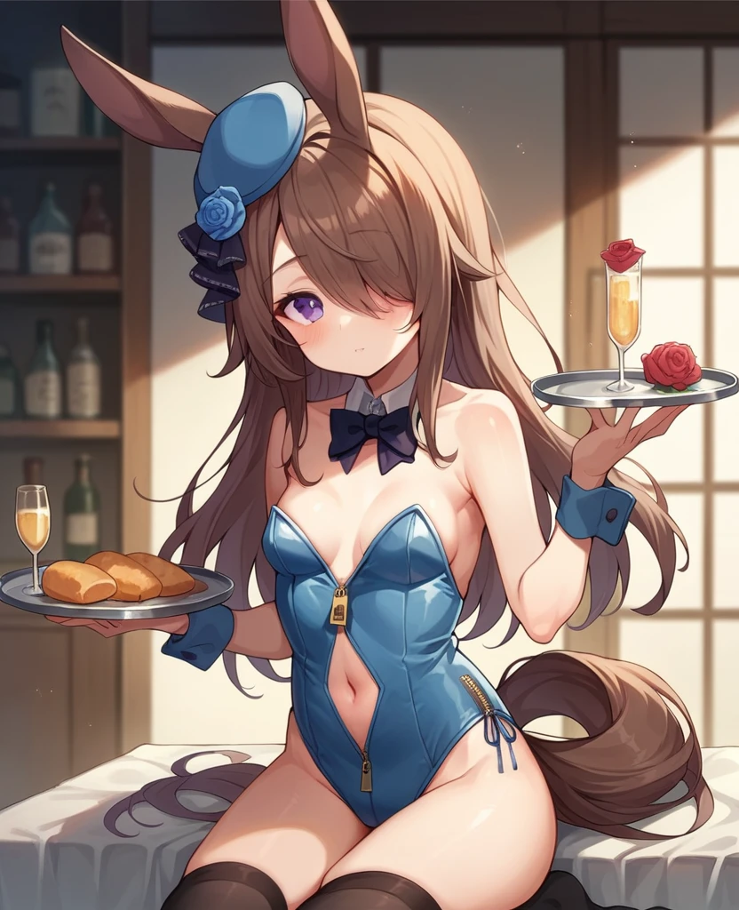 Rice Shower (Uma Musume), 1 girl, solo, long hair, breasts, looking at viewer, blushing, brown hair, knee-high socks, hat, ribbon, belly button, hugging, animal ears, bare shoulders, purple eyes, tail, flower, small breasts, black knee-high socks, indoors, bow tie, hair over one eye, leotard with front zipper, cups, wrist cuffs, detachable collar, rose, Playboy Bunny, horse ears, horse girl, horse tail, blue hat, tray, blue flower, flower on hat, blue leotard, hugging tray, open front zipper