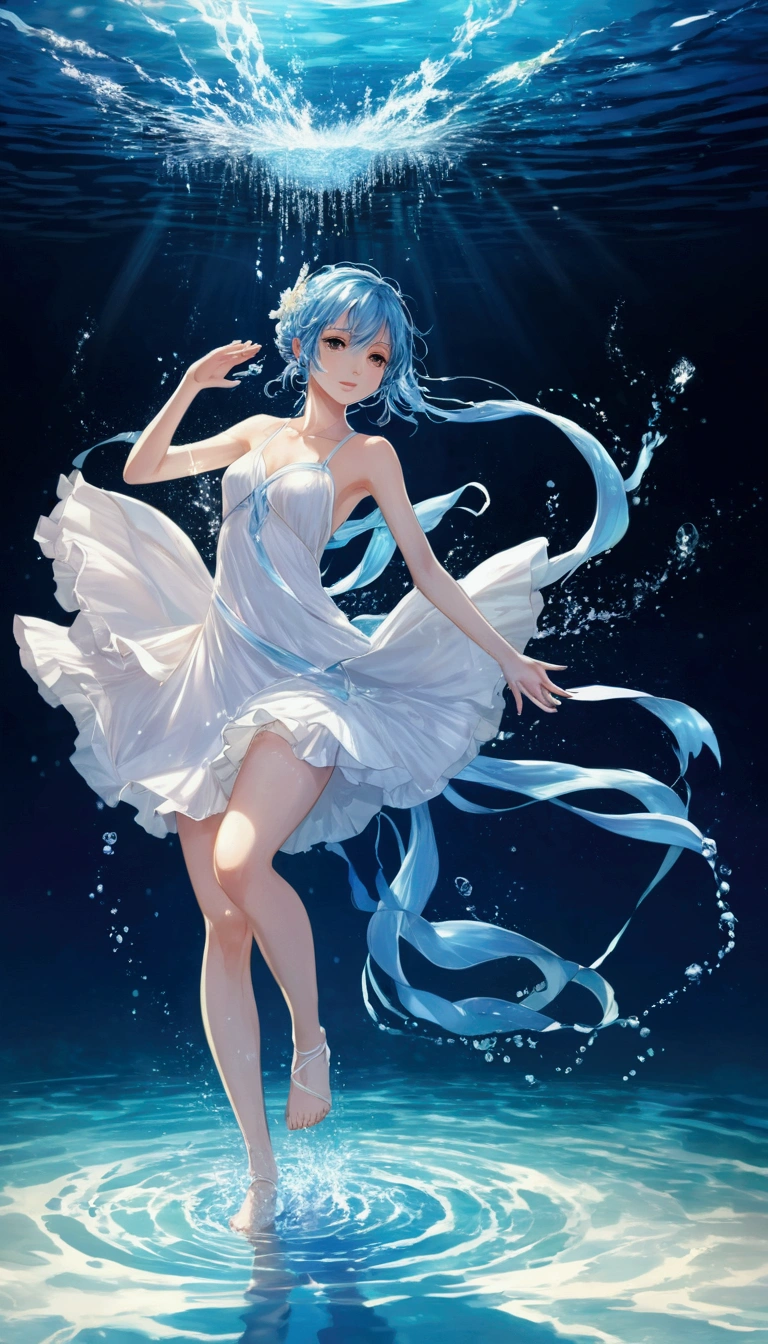 anime girl in a white dress is dancing in the water, wallpaper anime blue water, anime girl walking on water, by Yuumei, digital art on pixiv, anime art wallpaper 8 k, water fairy, trending on artstation pixiv, water element, wearing a dress made of water, anime art wallpaper 4 k, anime art wallpaper 4k