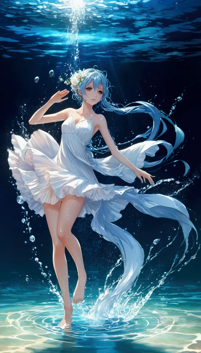 anime girl in a white dress is dancing in the water, wallpaper anime blue water, anime girl walking on water, by Yuumei, digital art on pixiv, anime art wallpaper 8 k, water fairy, trending on artstation pixiv, water element, wearing a dress made of water, anime art wallpaper 4 k, anime art wallpaper 4k