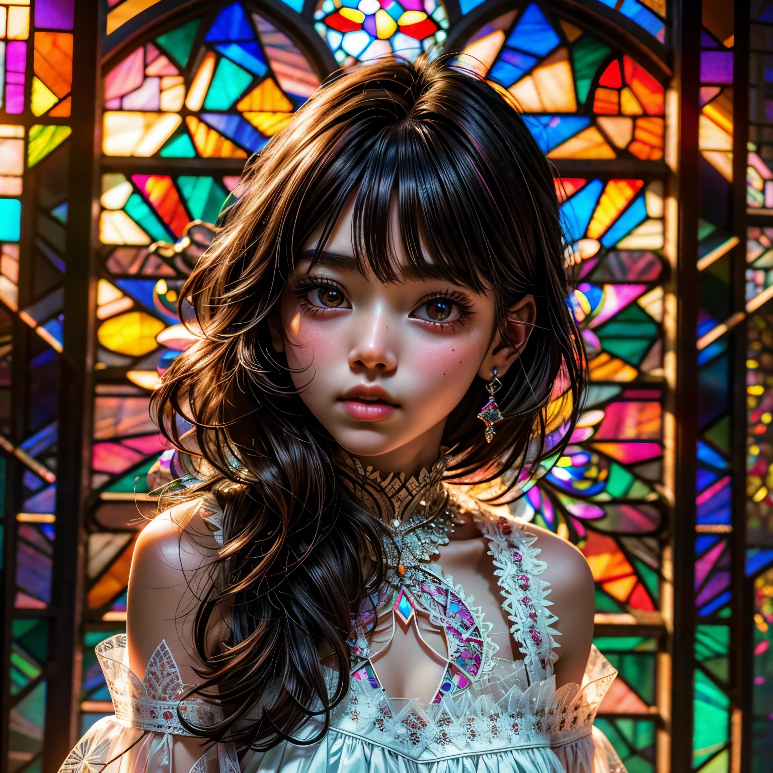 SFW yo, concept art, (PICHIPICHI KAWAII junior idol), (Detailed Delicate lace knitted white clothes), (nipple:-0.9), face closeup, (Elaborate stained glass Background:1.37), (((Renbutsu Misako), colorful Light shines through delicate stained glass:1.2, vivid red colors, Luminous Particles, light Particles))(Acutance:0.8). (ProfessionalPhoto:1.2),(ultra-detailed:1.37), (Extremely detailed KAWAII face variations, innocent expression variations), rosy cheeks, intricate detailed eyes with sparkling highlights, long eyelashes with volume, subtle blush on the face. Mystic sight, haze, Impeccable Radiant PearlSkin with Transparency, captivating gaze, ((Dynamic-angle)), whole Body proportions and all limbs are anatomically accurate . (Exposed:0.64) shoulder