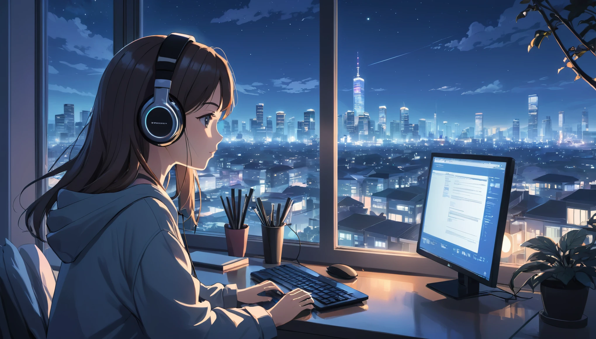 Anime illustration of a woman wearing headphones and staring at a PC while doing research. The scene is by the window of the city view at night, and the whole atmosphere reflects the soft and calm atmosphere of lo-fi music.