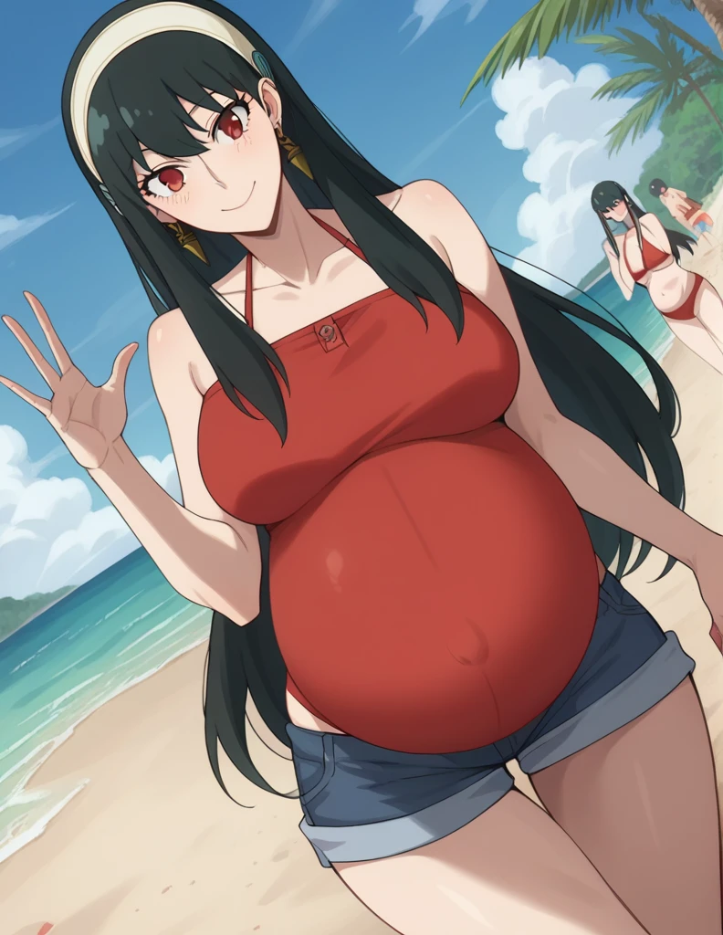 score_9, score_8_up, score_7_up, source_anime,
yorbriar, yor briar, black hair, red eyes, earrings, white hairband, hairband, long hair, sidelocks,
bare shoulders, red bikini, shorts, thighs,
Beach, smile,
looking at viewer, dutch angle, cowboy shot, pregnant, huge belly